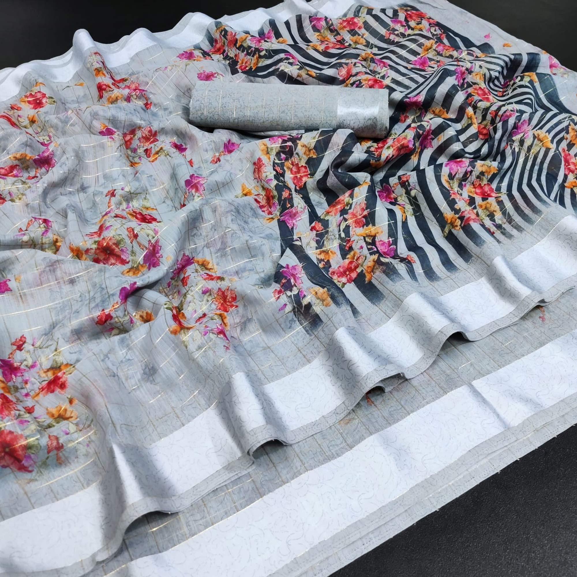 Grey Casual Wear Floral Print With Zari Checks Cotton Saree - Peachmode
