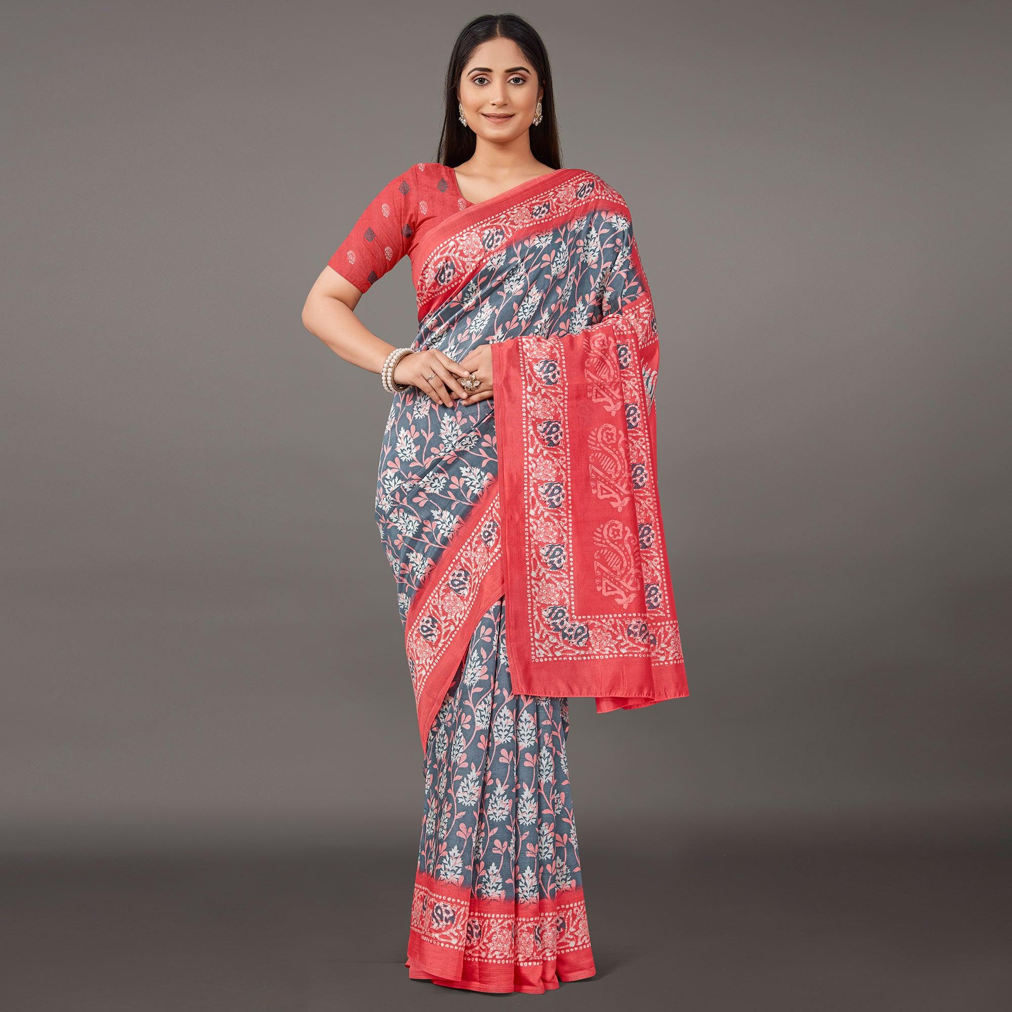 Grey Casual Wear Floral Printed Art Silk Saree - Peachmode