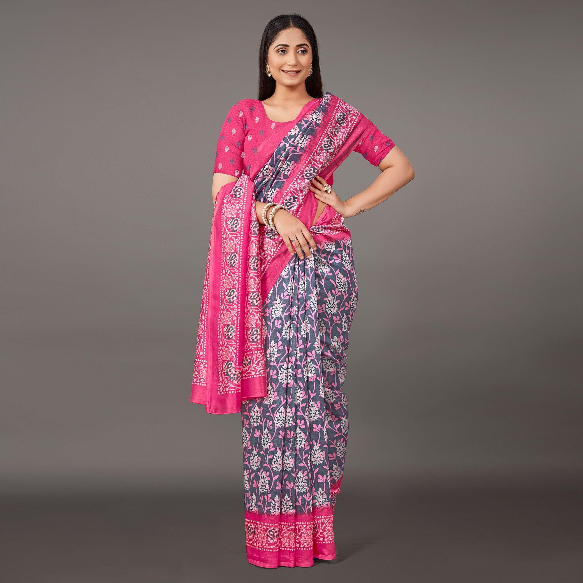 Grey Casual Wear Floral Printed Art Silk Saree - Peachmode