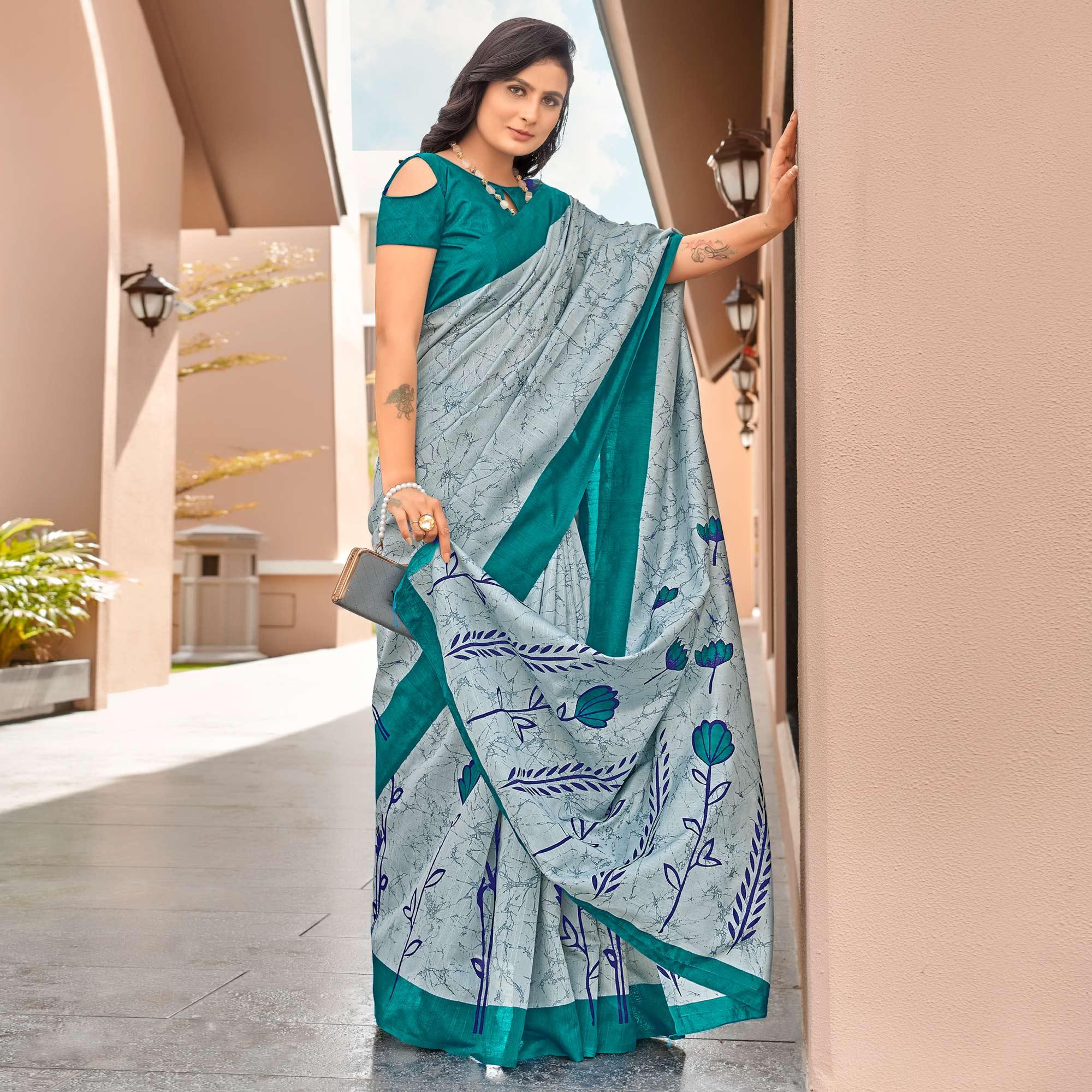 Grey Casual Wear Floral Printed Bhagalpuri Sarees - Peachmode