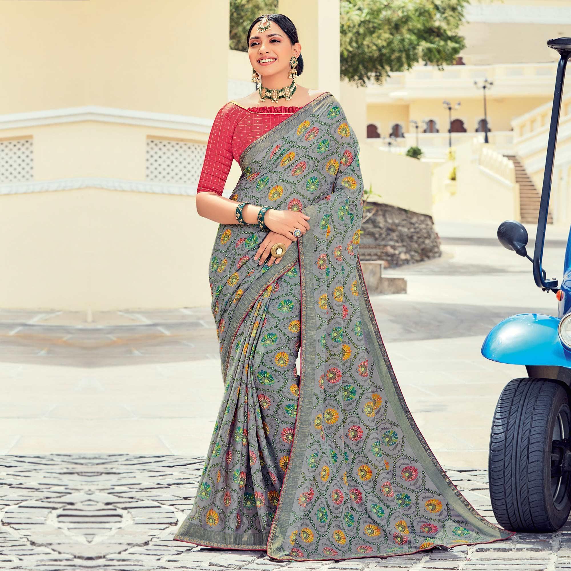 Grey Casual Wear Floral Printed Brasso Saree - Peachmode