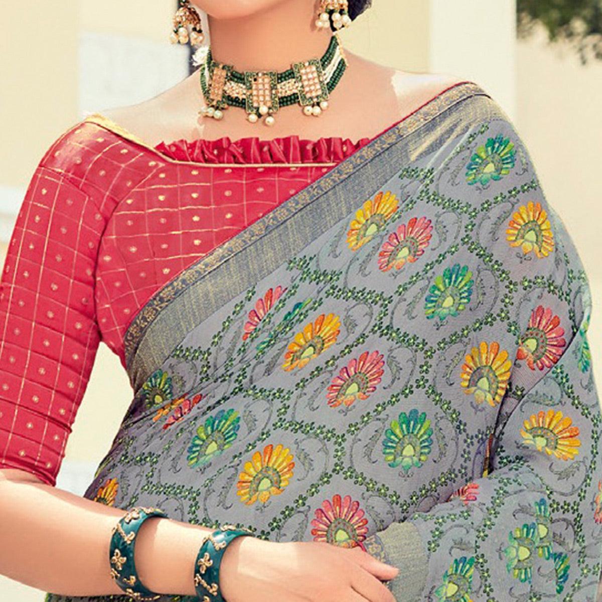 Grey Casual Wear Floral Printed Brasso Saree - Peachmode