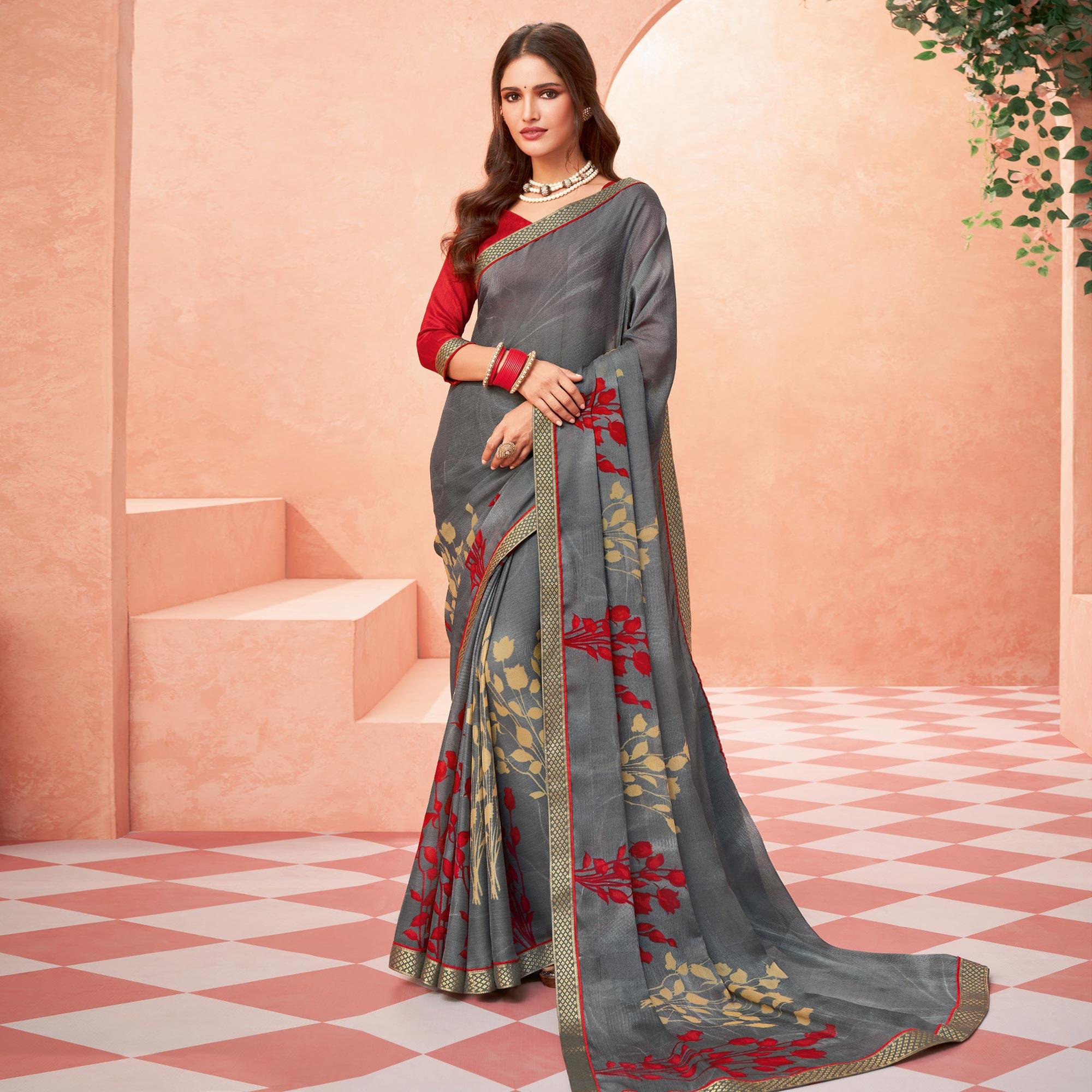 Grey Casual Wear Floral Printed Chiffon-Banarsi Saree With Banarasi Border - Peachmode