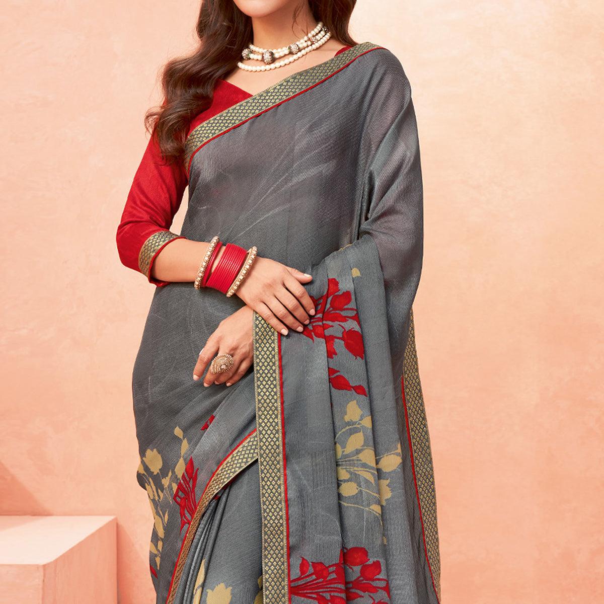 Grey Casual Wear Floral Printed Chiffon-Banarsi Saree With Banarasi Border - Peachmode