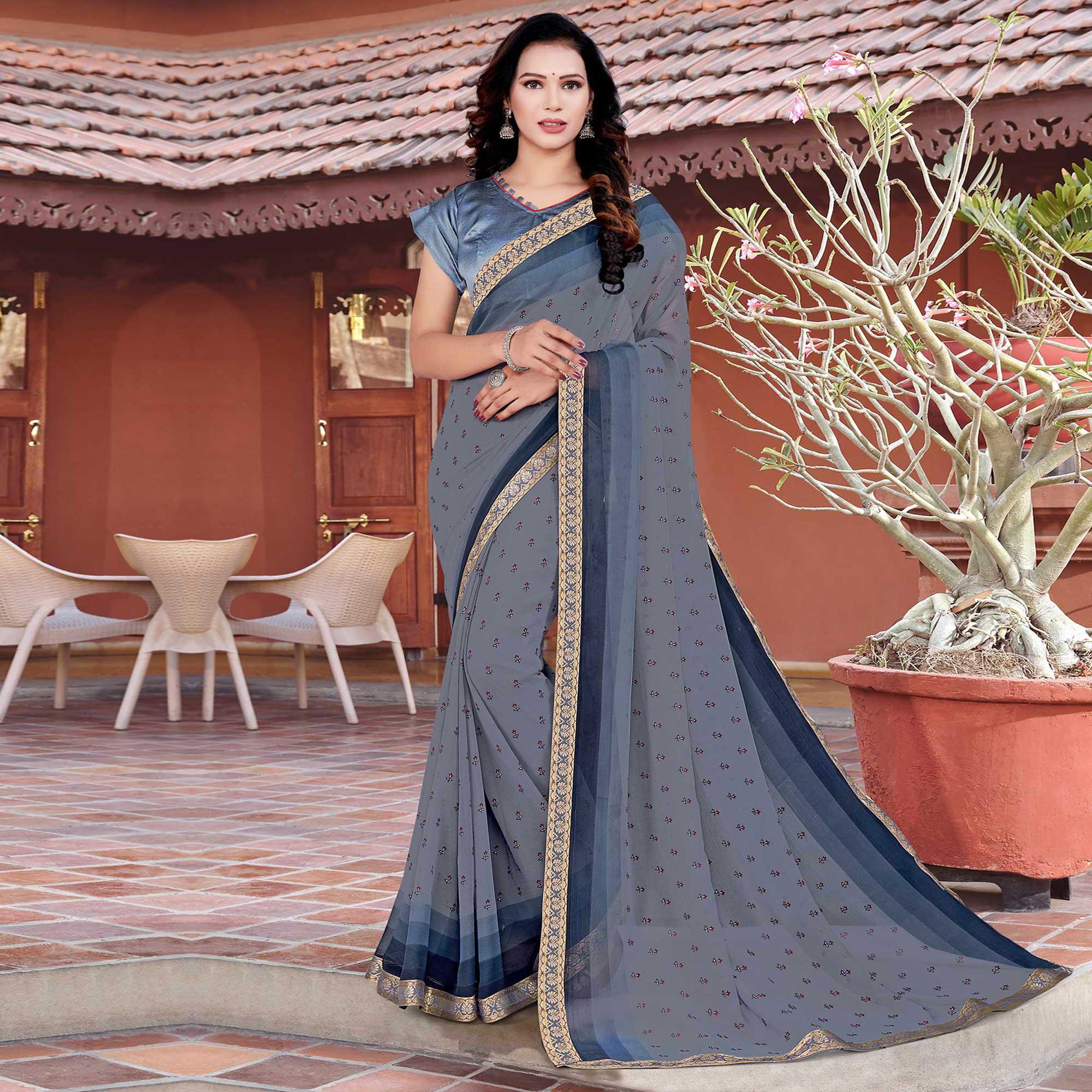 Grey Casual Wear Floral Printed Chiffon Saree - Peachmode