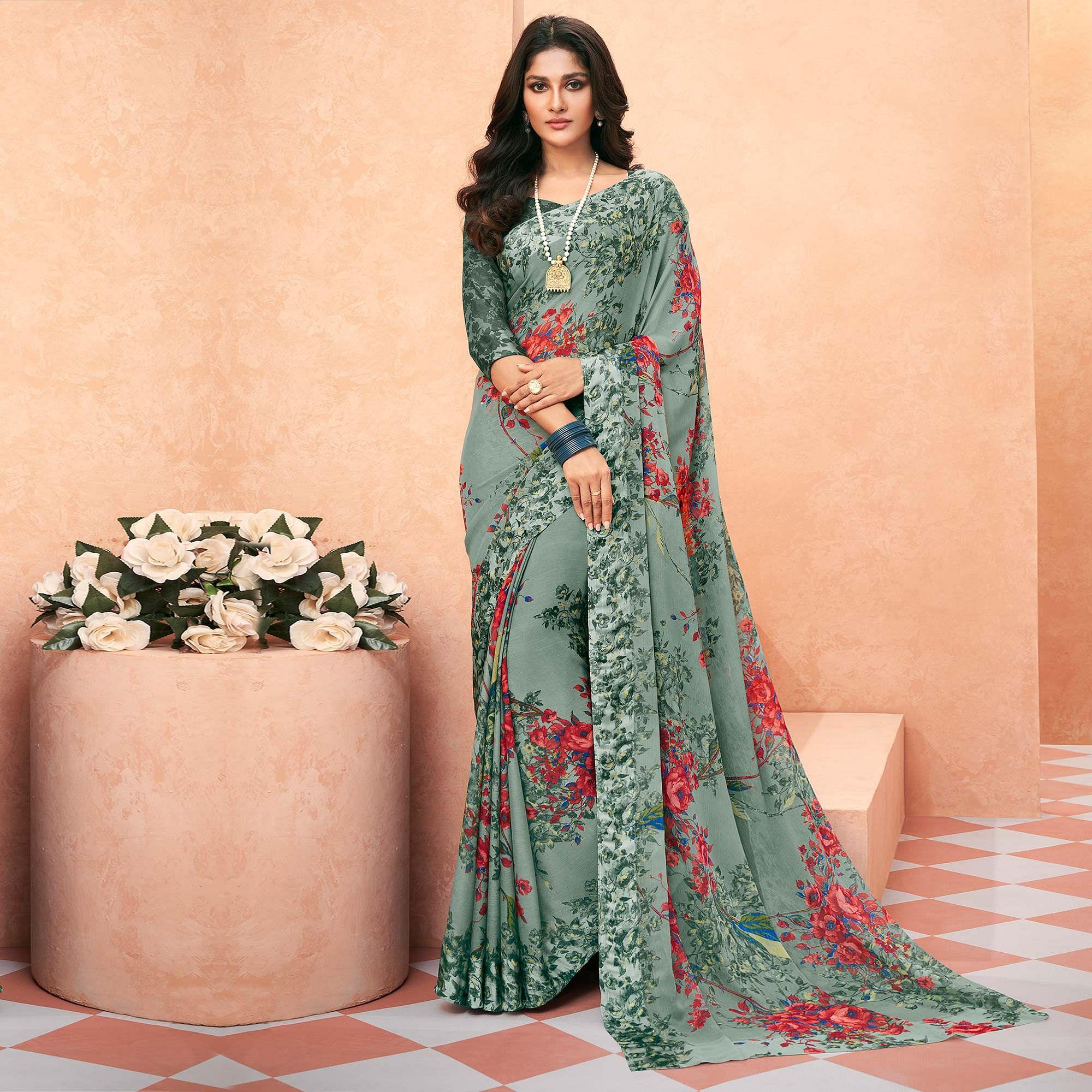 Grey Casual Wear Floral Printed Chiffon Saree - Peachmode
