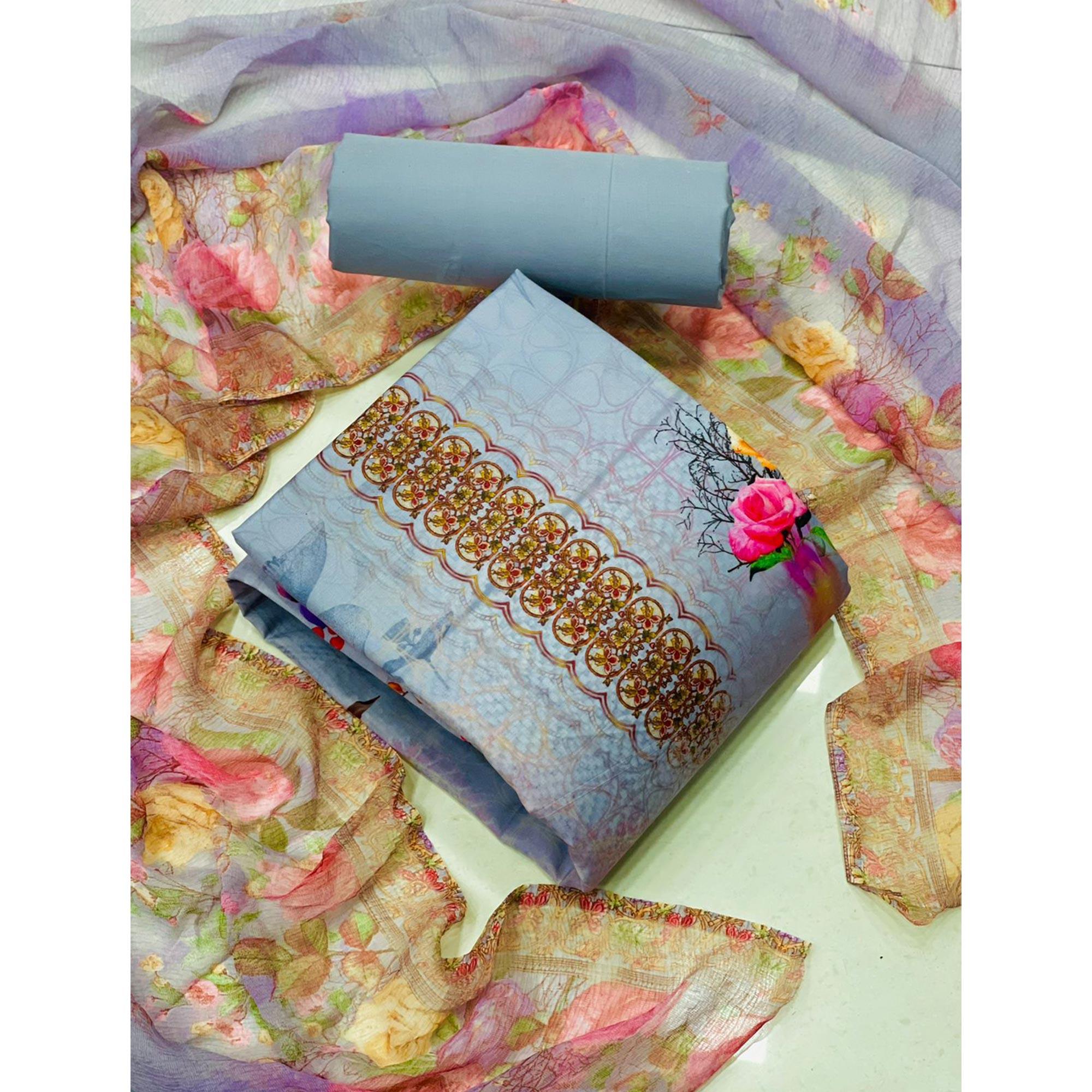 Grey Casual Wear Floral Printed Cotton Dress Material - Peachmode