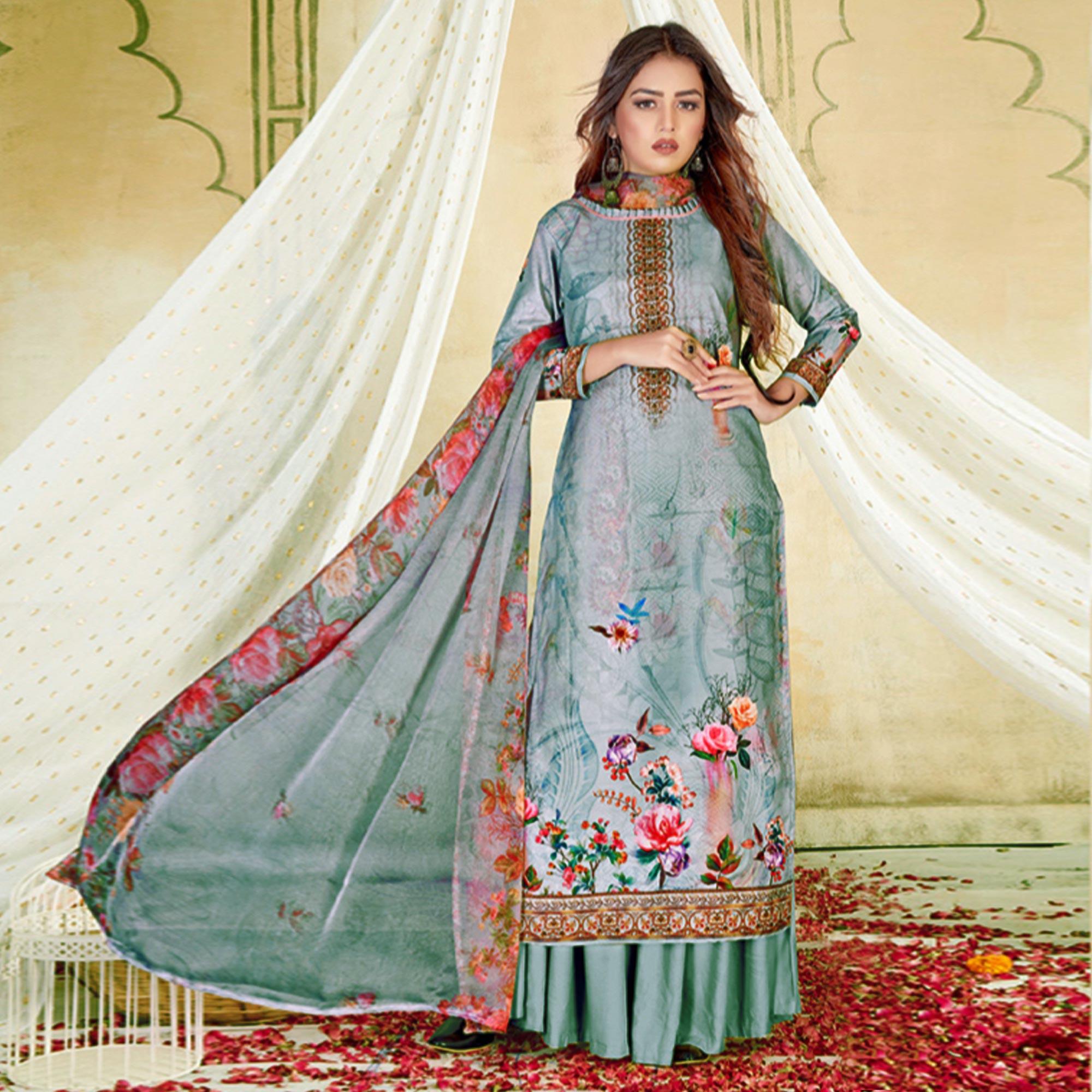 Grey Casual Wear Floral Printed Cotton Dress Material - Peachmode
