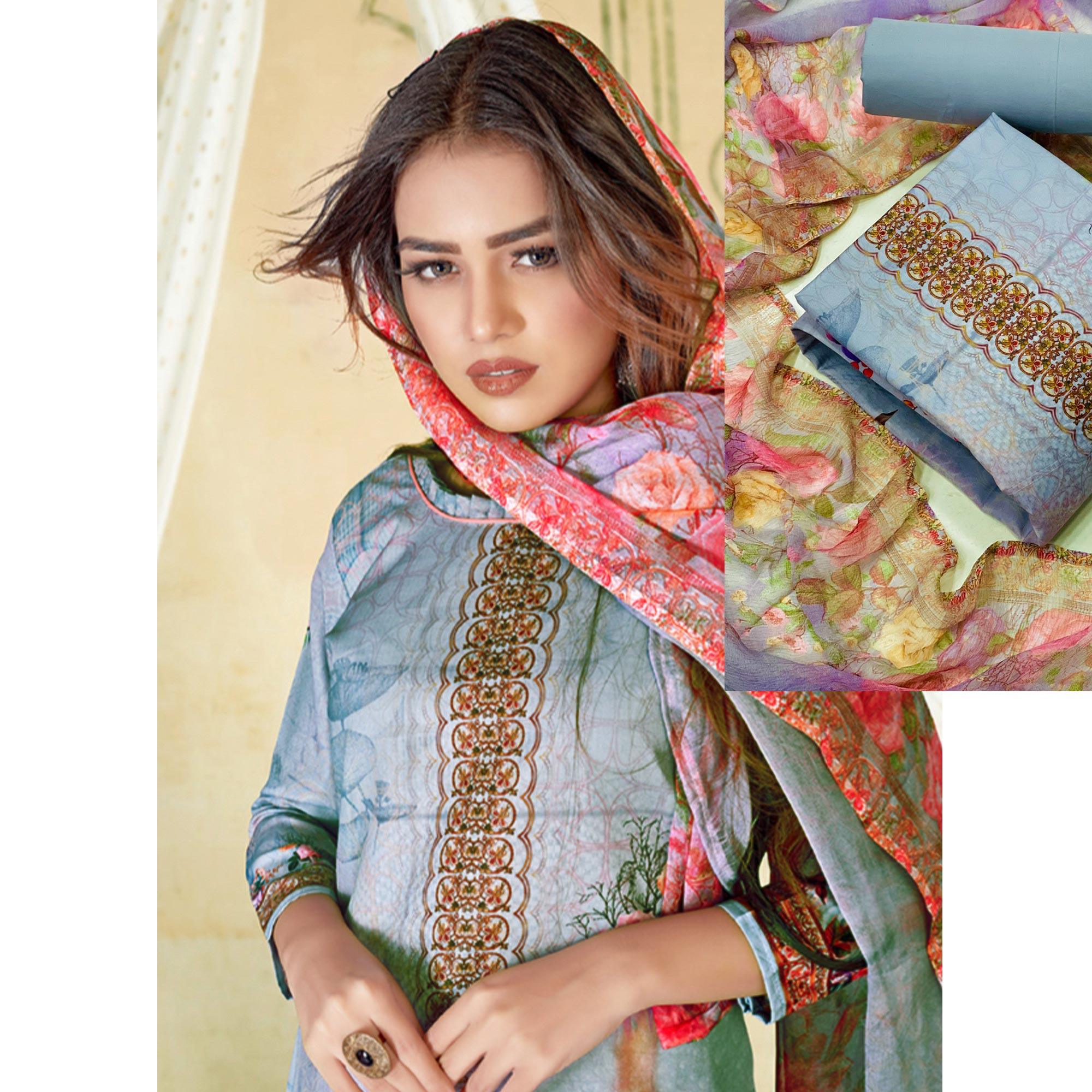 Grey Casual Wear Floral Printed Cotton Dress Material - Peachmode