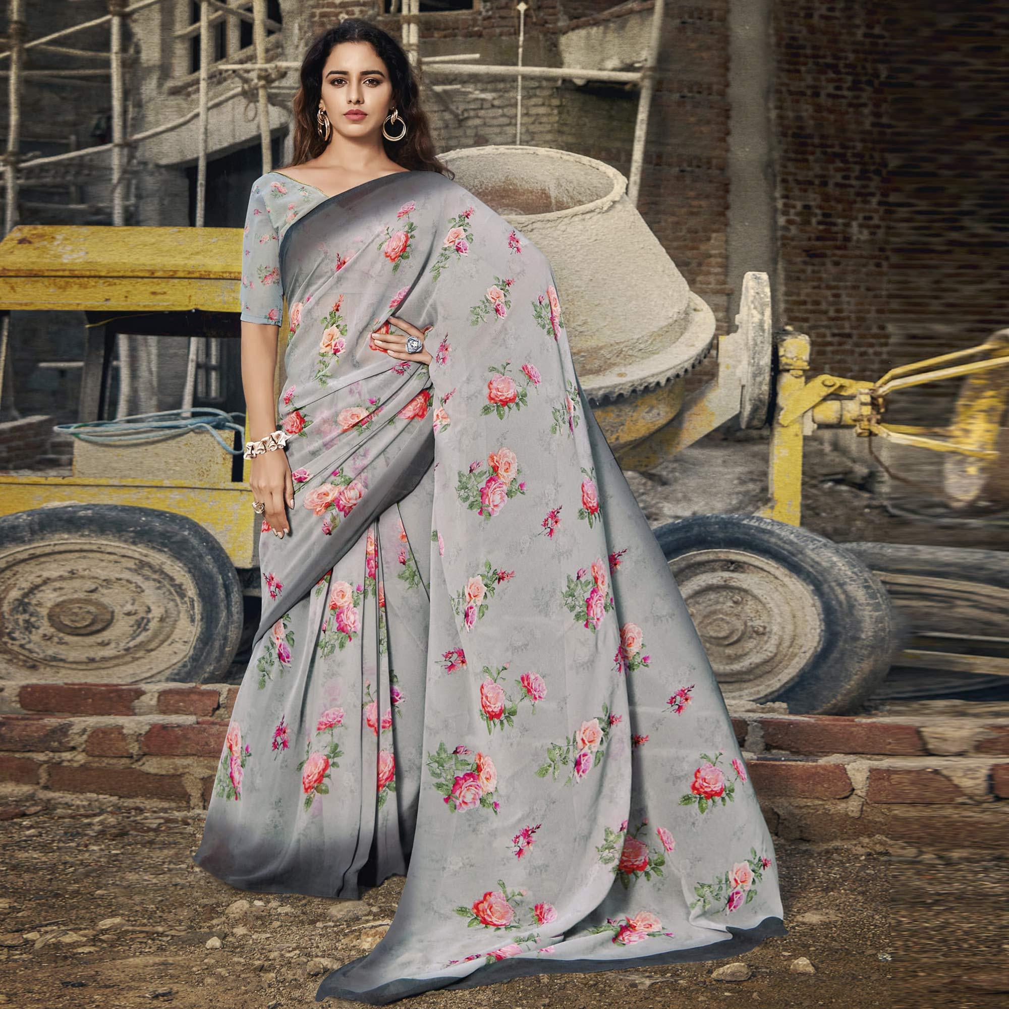 Grey Casual Wear Floral Printed Georgette Saree - Peachmode