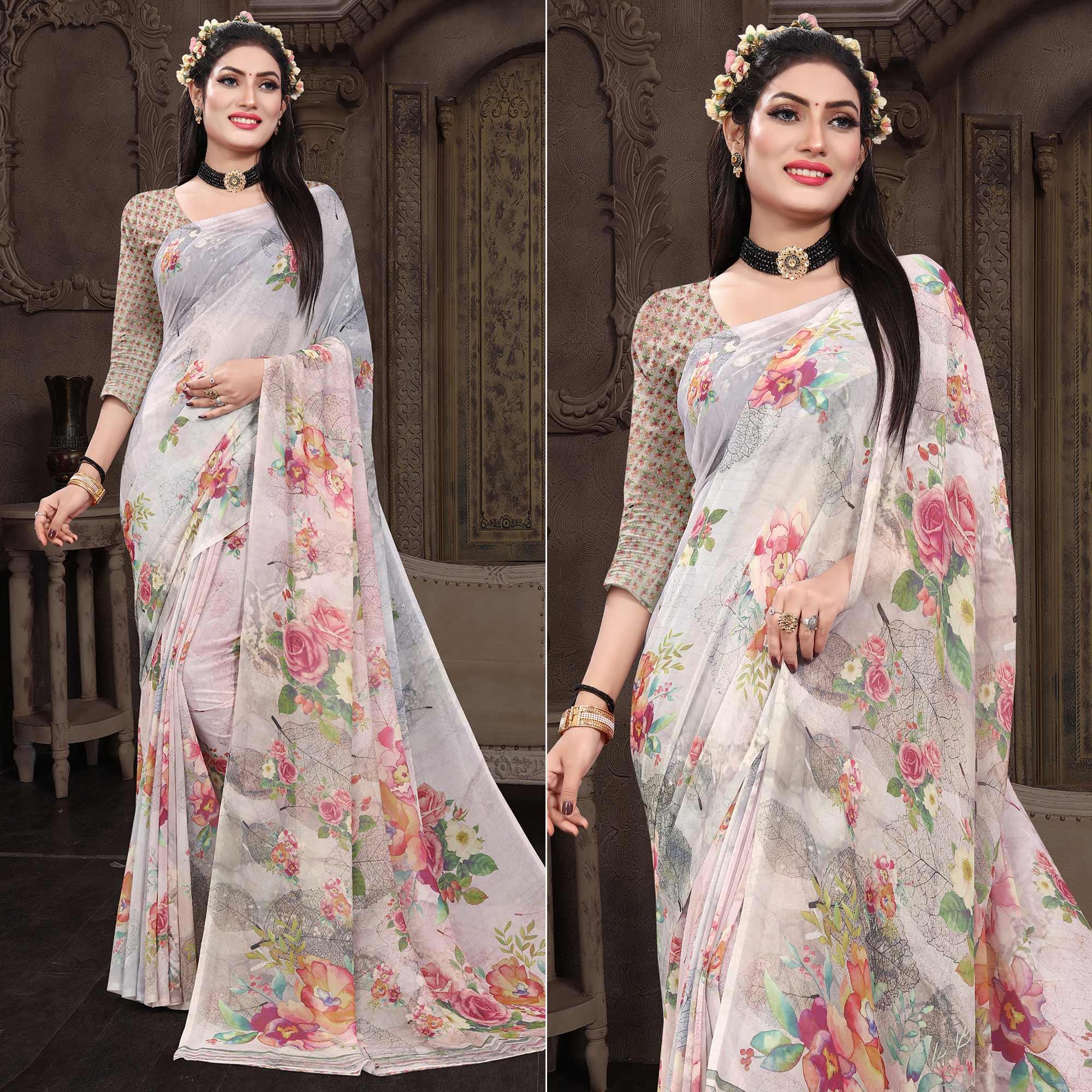 Grey Casual Wear Floral Printed Georgette Saree - Peachmode