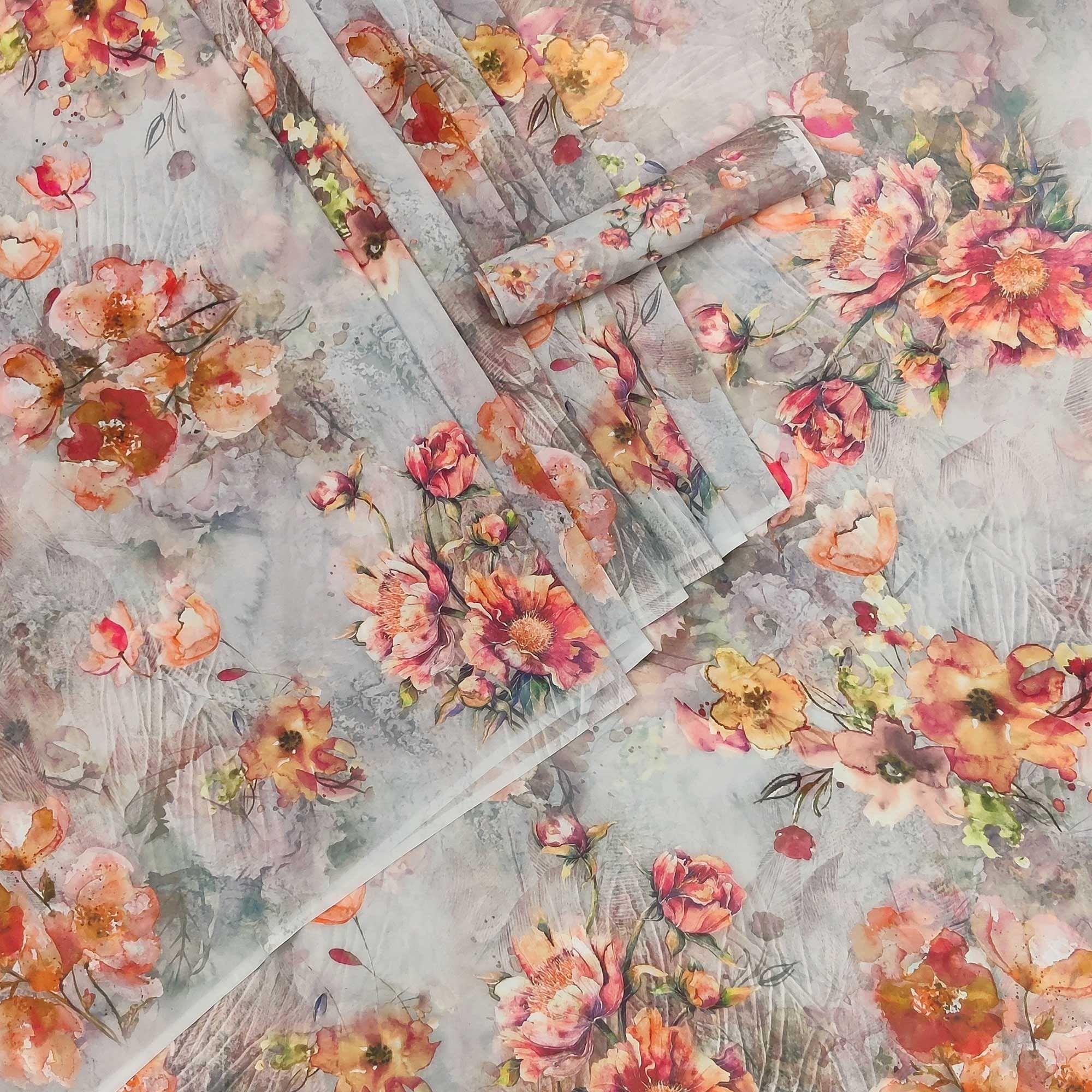 Grey Casual Wear Floral Printed Georgette Saree - Peachmode