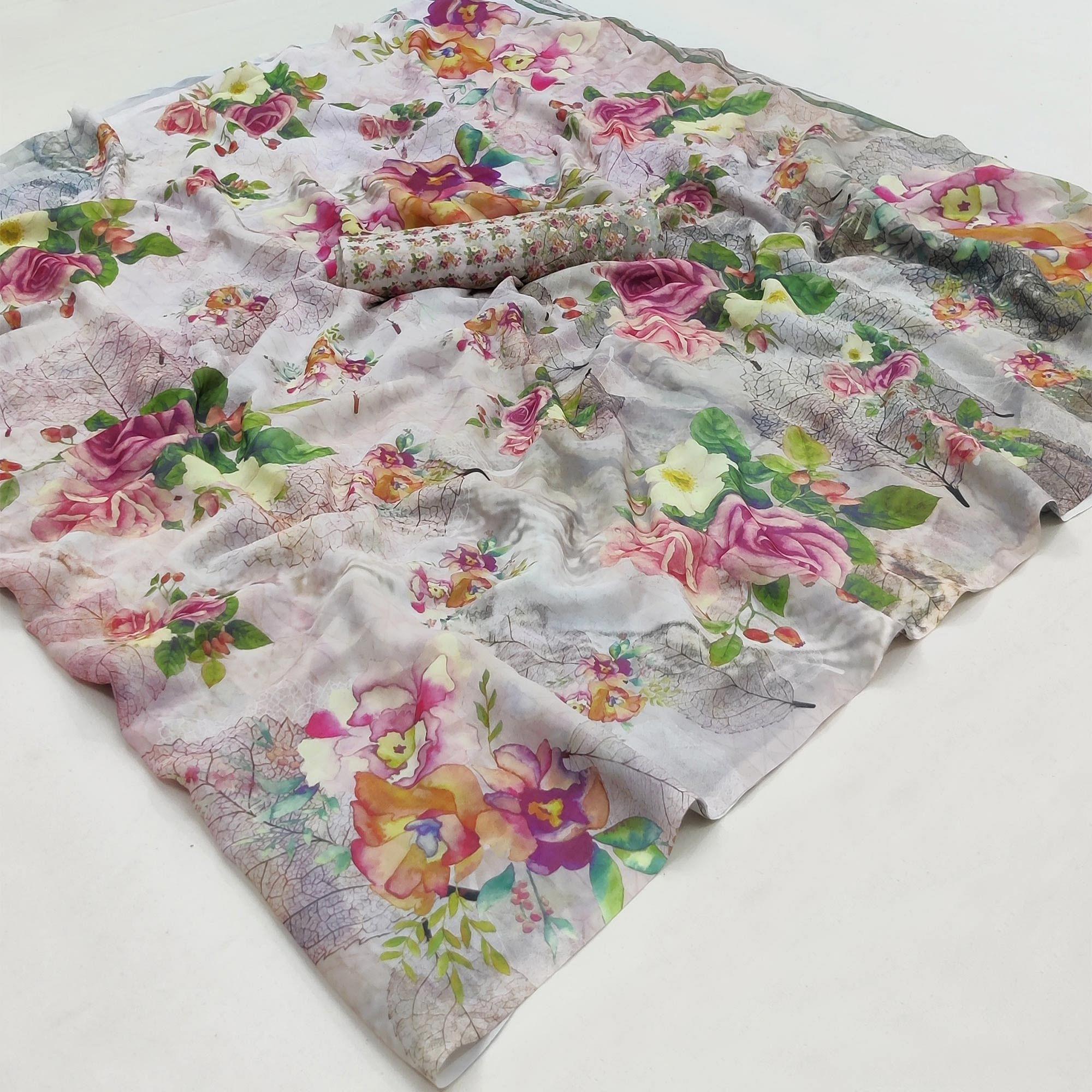 Grey Casual Wear Floral Printed Georgette Saree - Peachmode