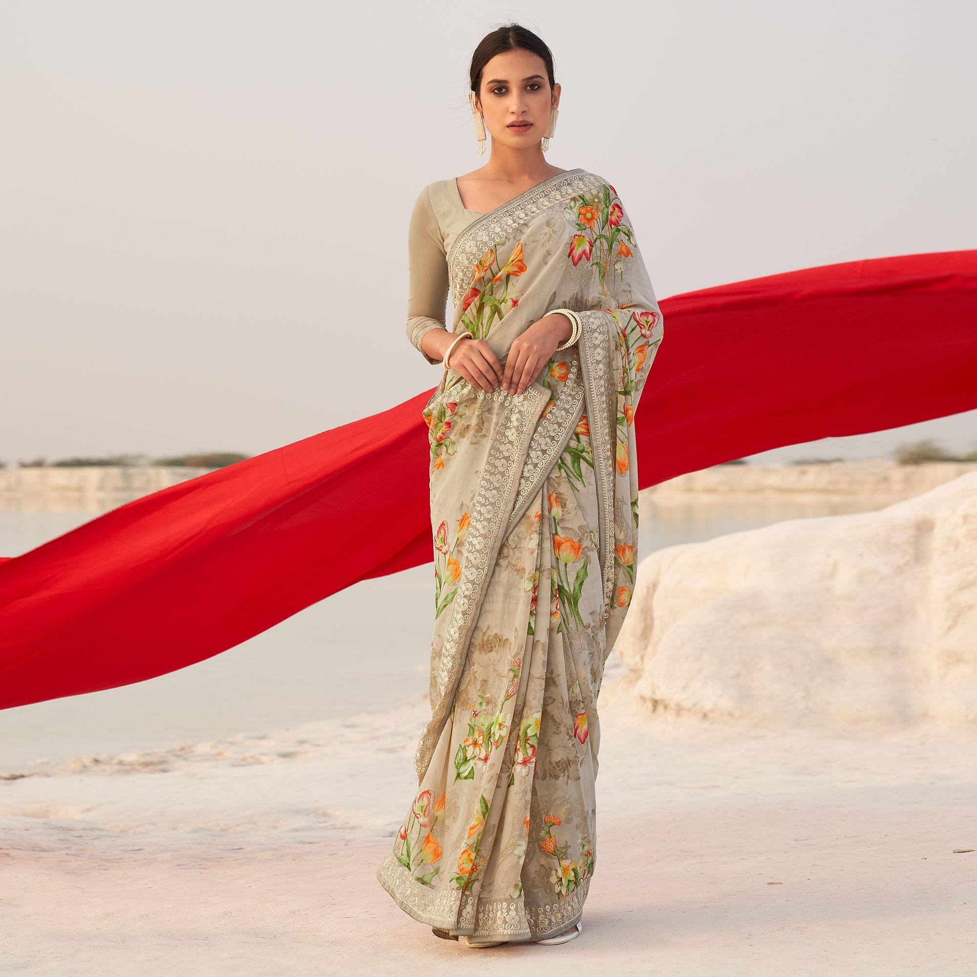 Grey Casual Wear Floral Printed Georgette Saree - Peachmode
