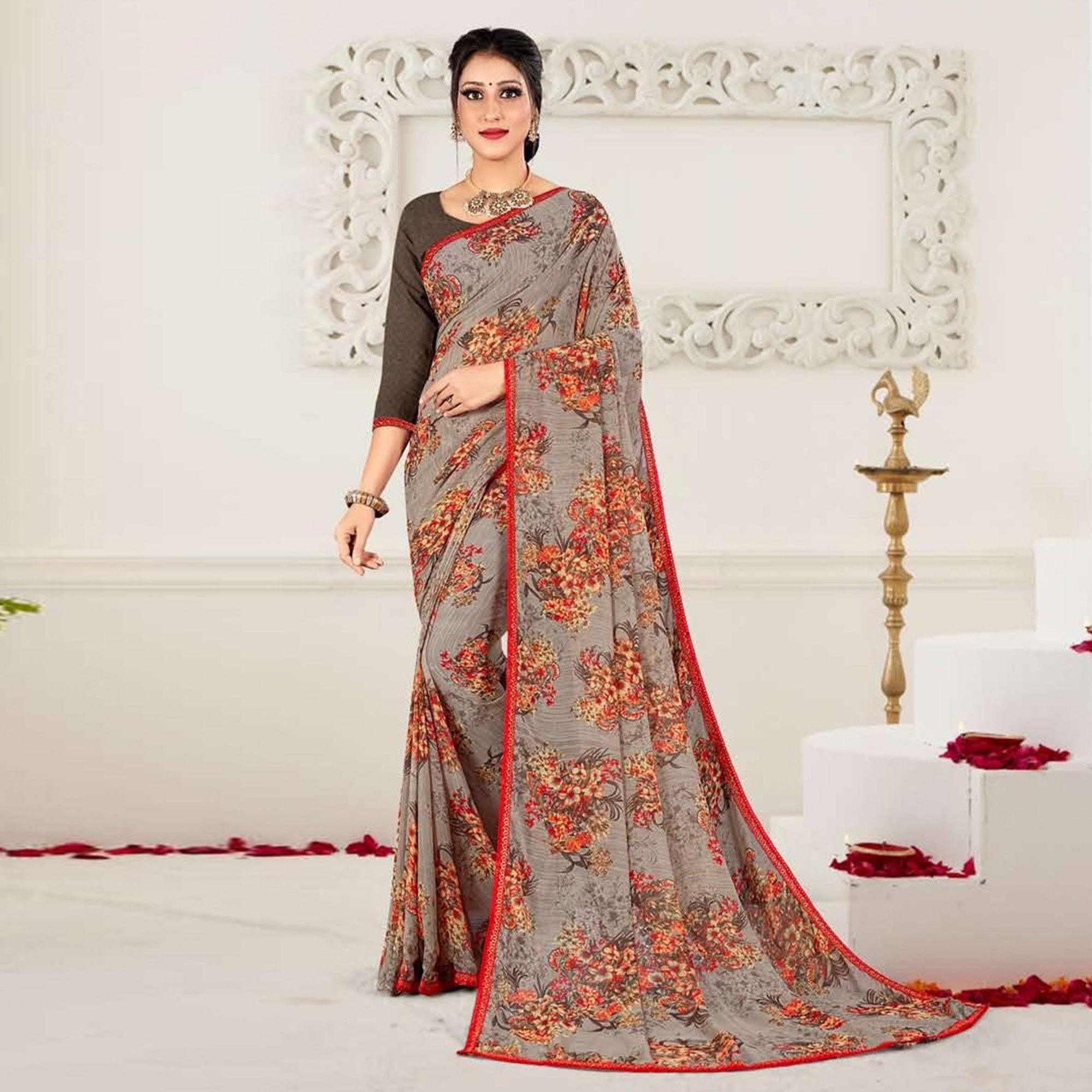Grey Casual Wear Floral Printed Georgette Saree - Peachmode