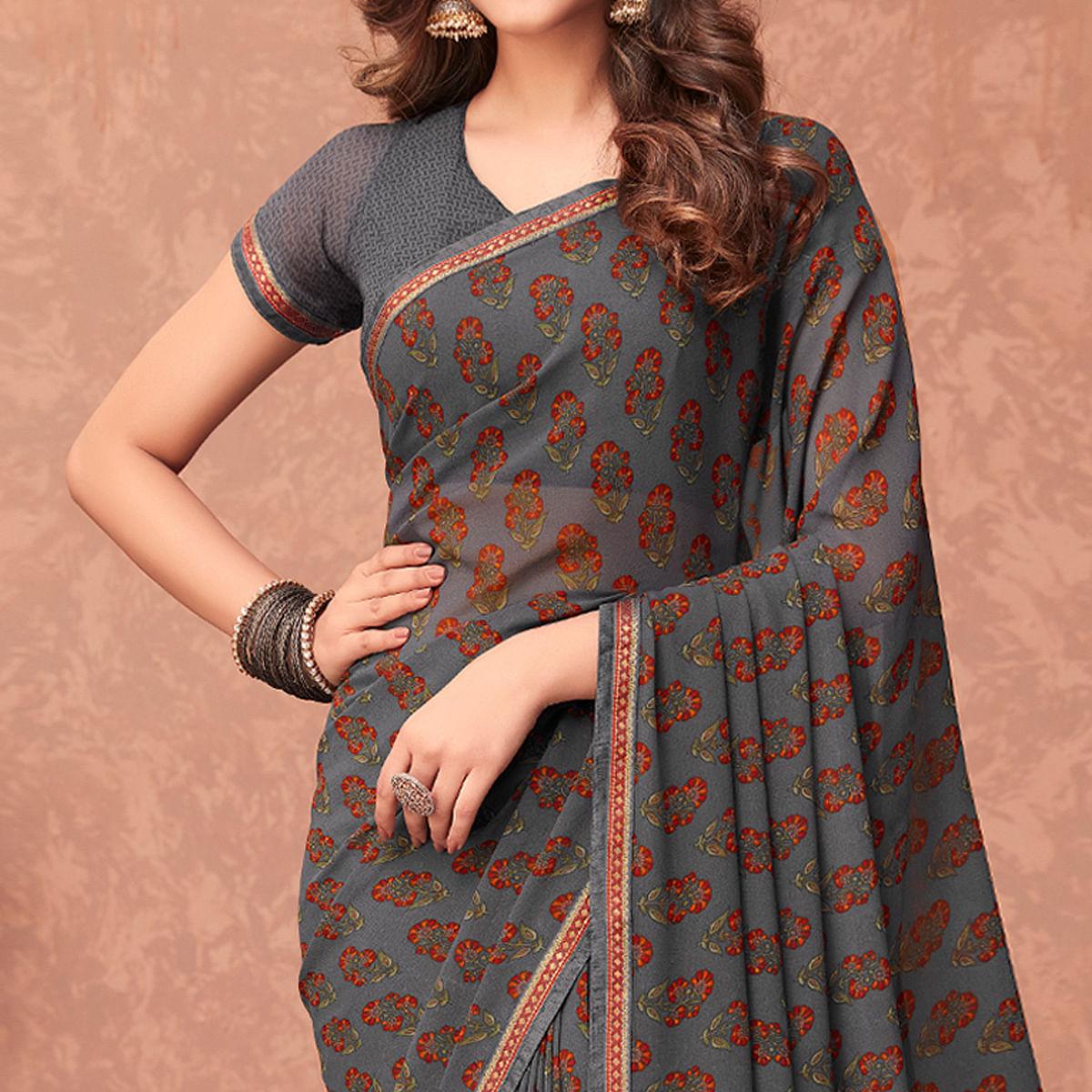 Grey Casual Wear Floral Printed Georgette Saree - Peachmode