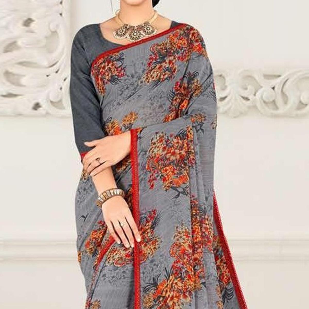 Grey Casual Wear Floral Printed Georgette Saree - Peachmode