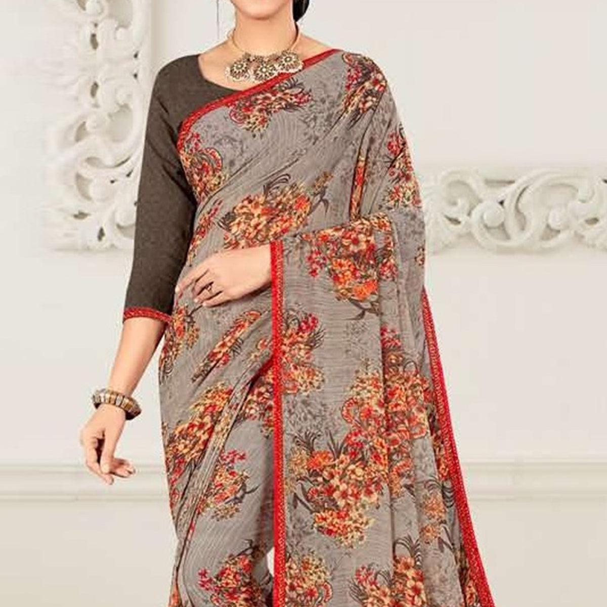 Grey Casual Wear Floral Printed Georgette Saree - Peachmode