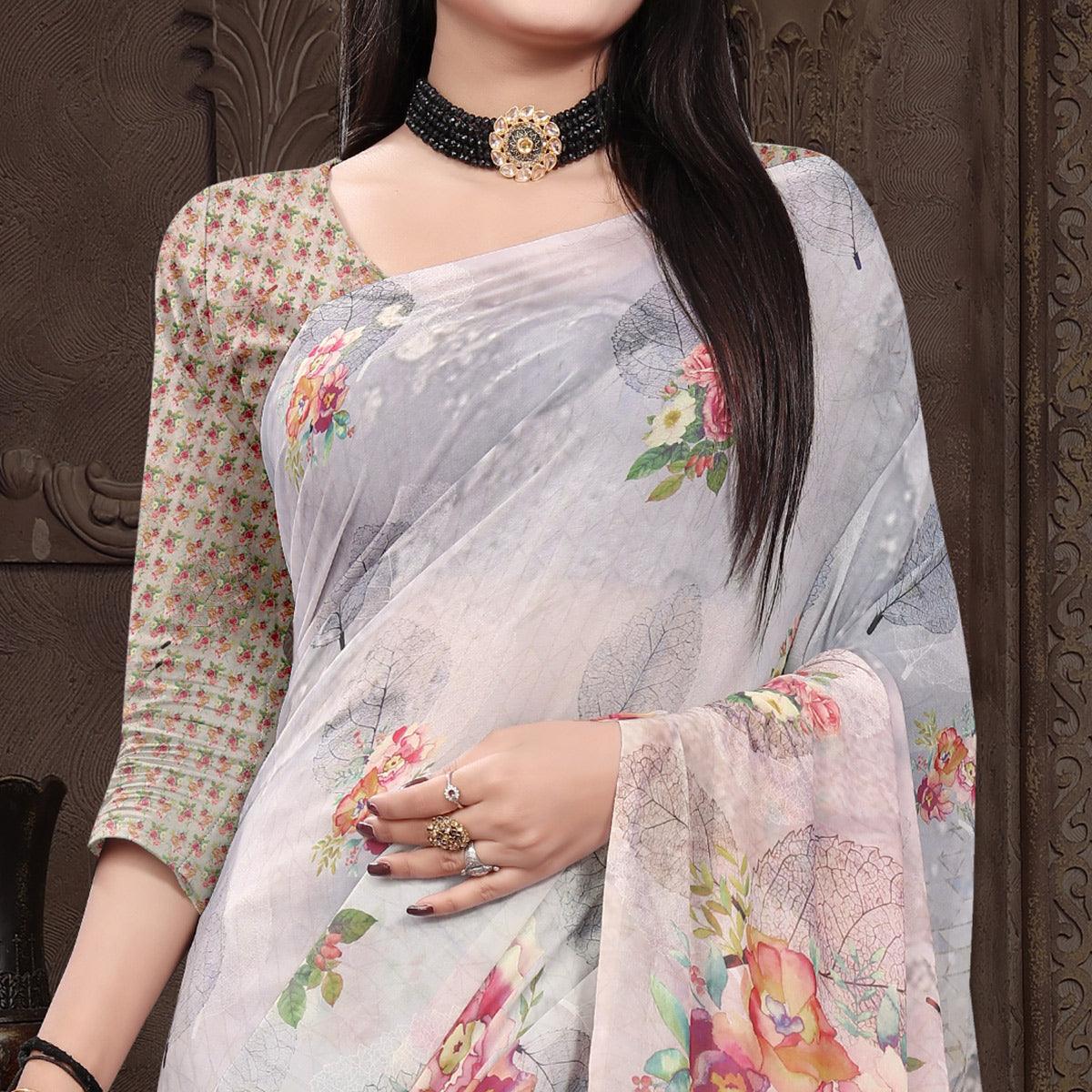 Grey Casual Wear Floral Printed Georgette Saree - Peachmode