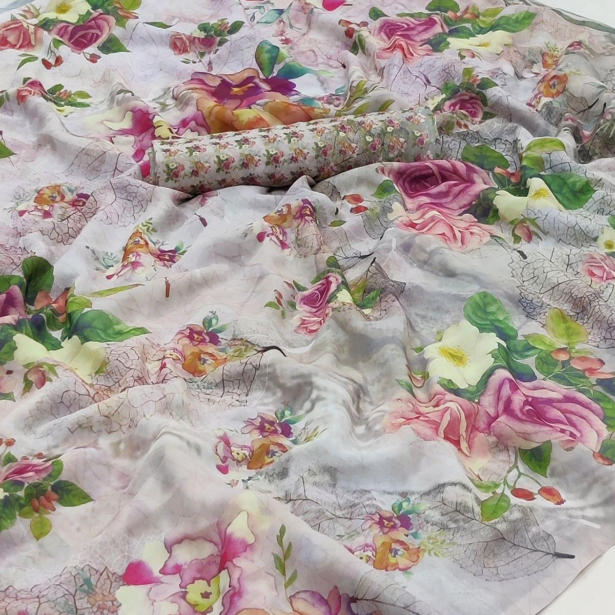 Grey Casual Wear Floral Printed Georgette Saree - Peachmode