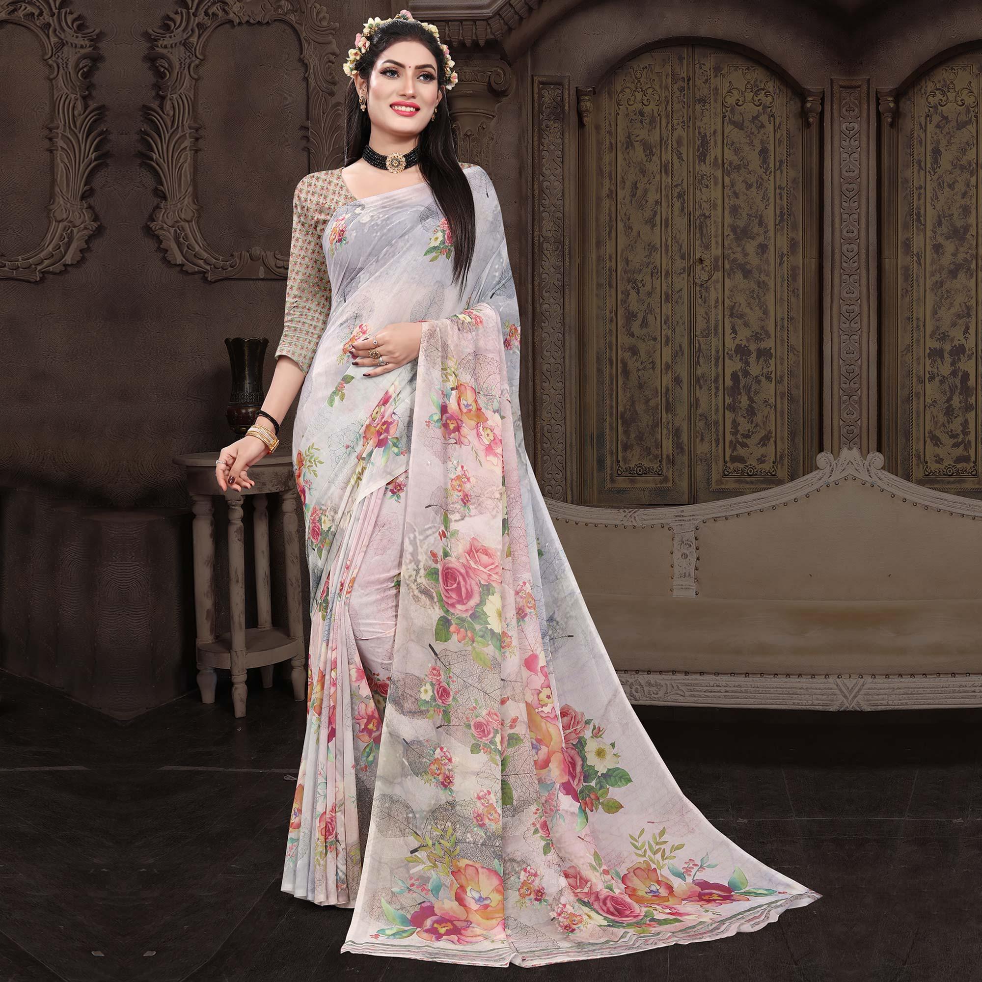 Grey Casual Wear Floral Printed Georgette Saree - Peachmode