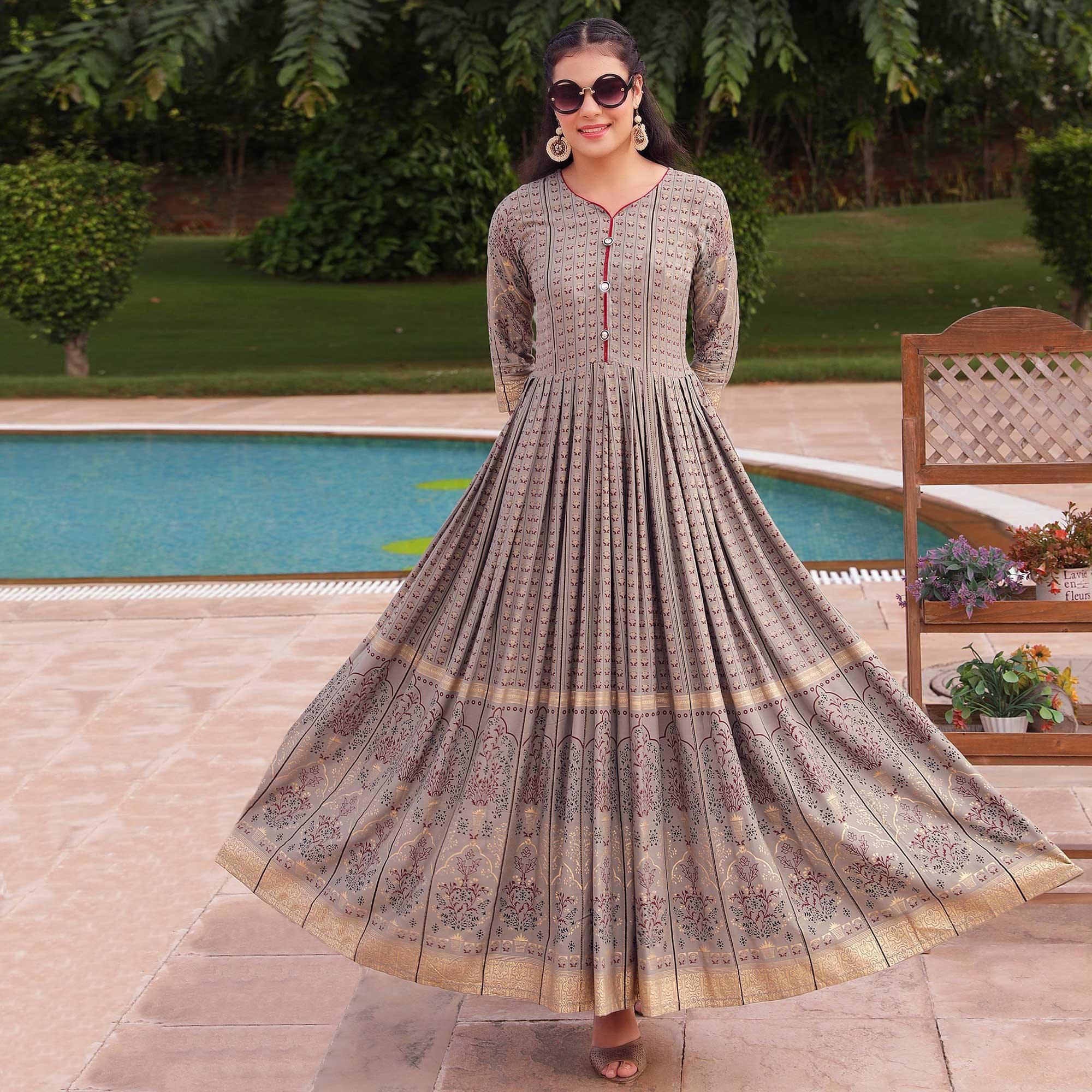 Grey Casual Wear Floral Printed Heavy Rayon Gown - Peachmode