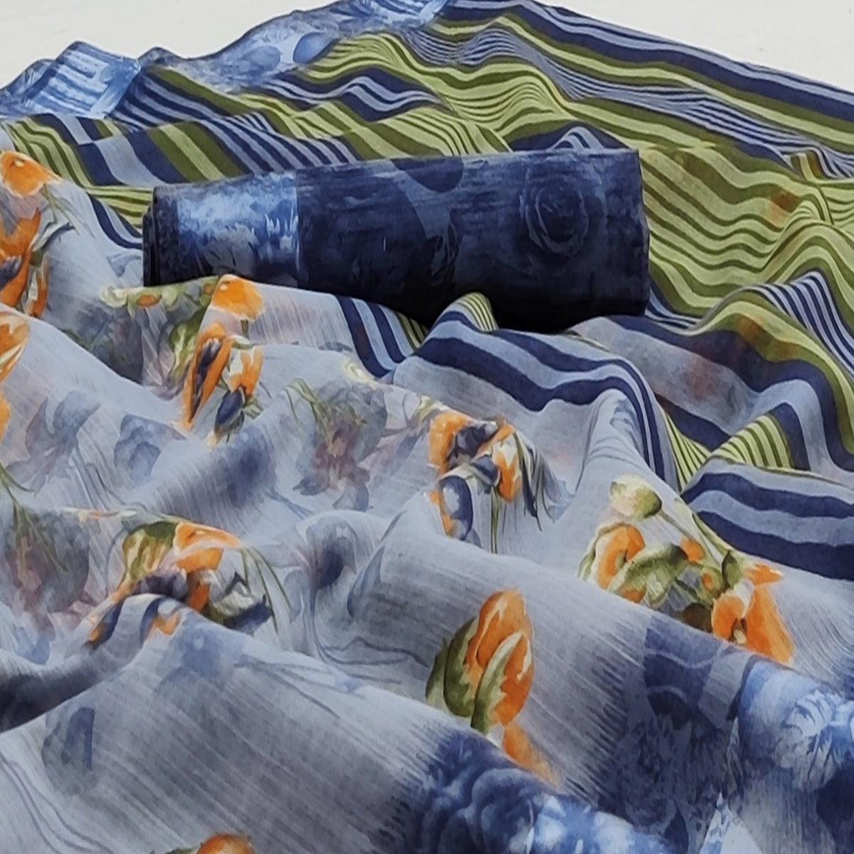 Grey Casual Wear Floral Printed Linen-Satin Saree - Peachmode