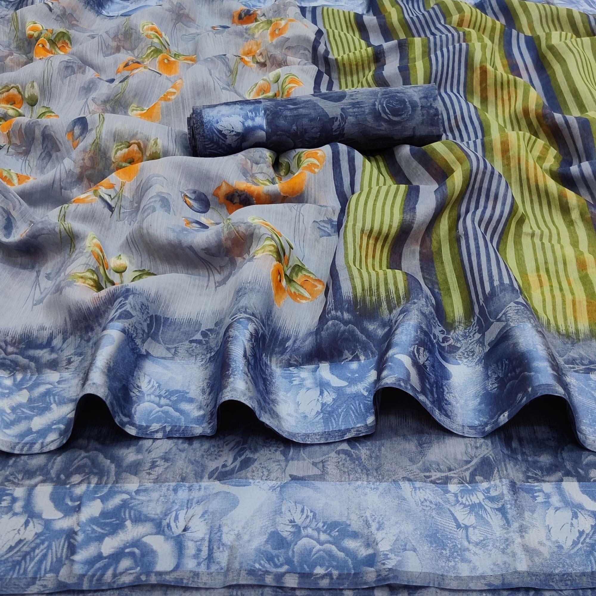 Grey Casual Wear Floral Printed Linen-Satin Saree - Peachmode