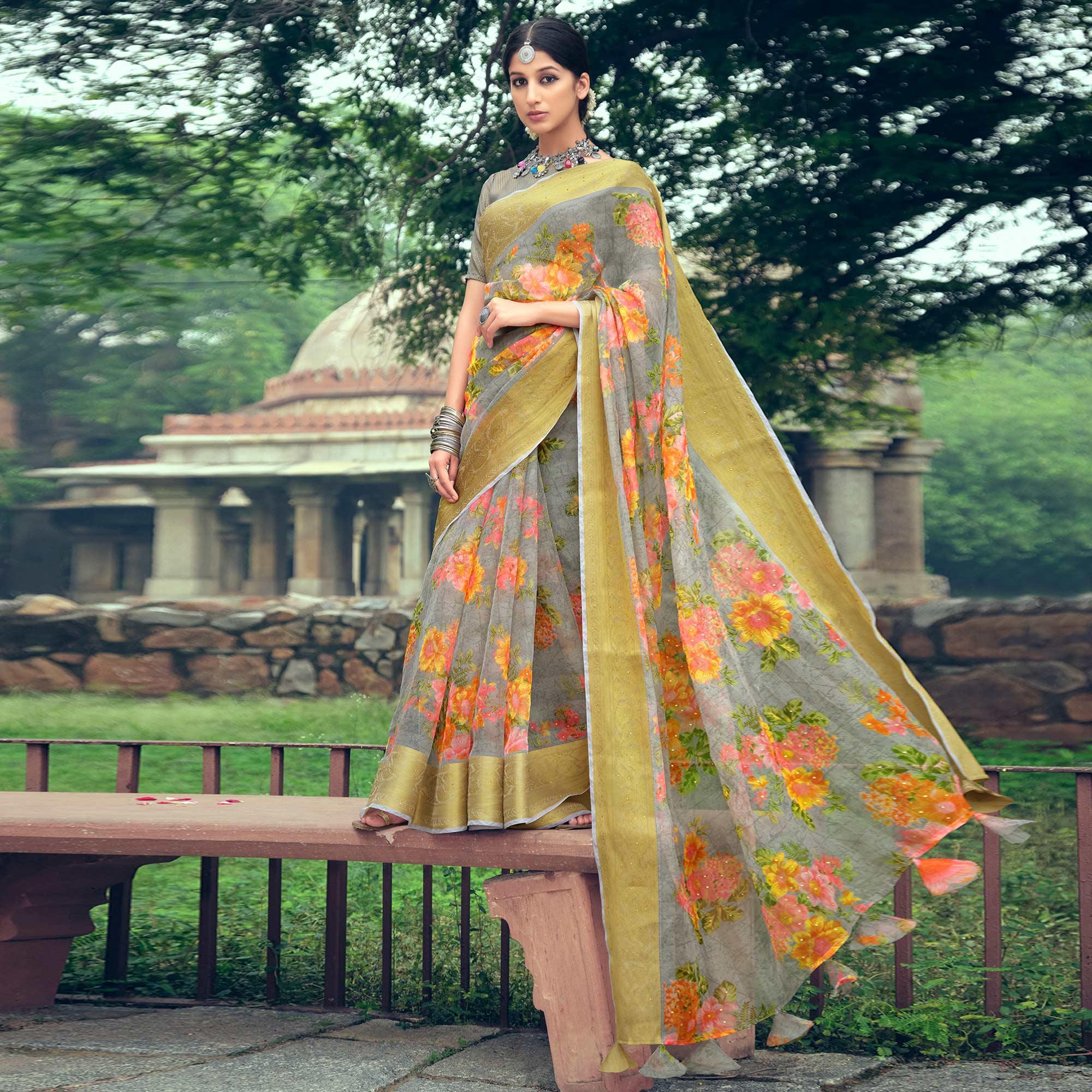 Grey Casual Wear Floral Printed Organza Saree With Jacquard Border - Peachmode