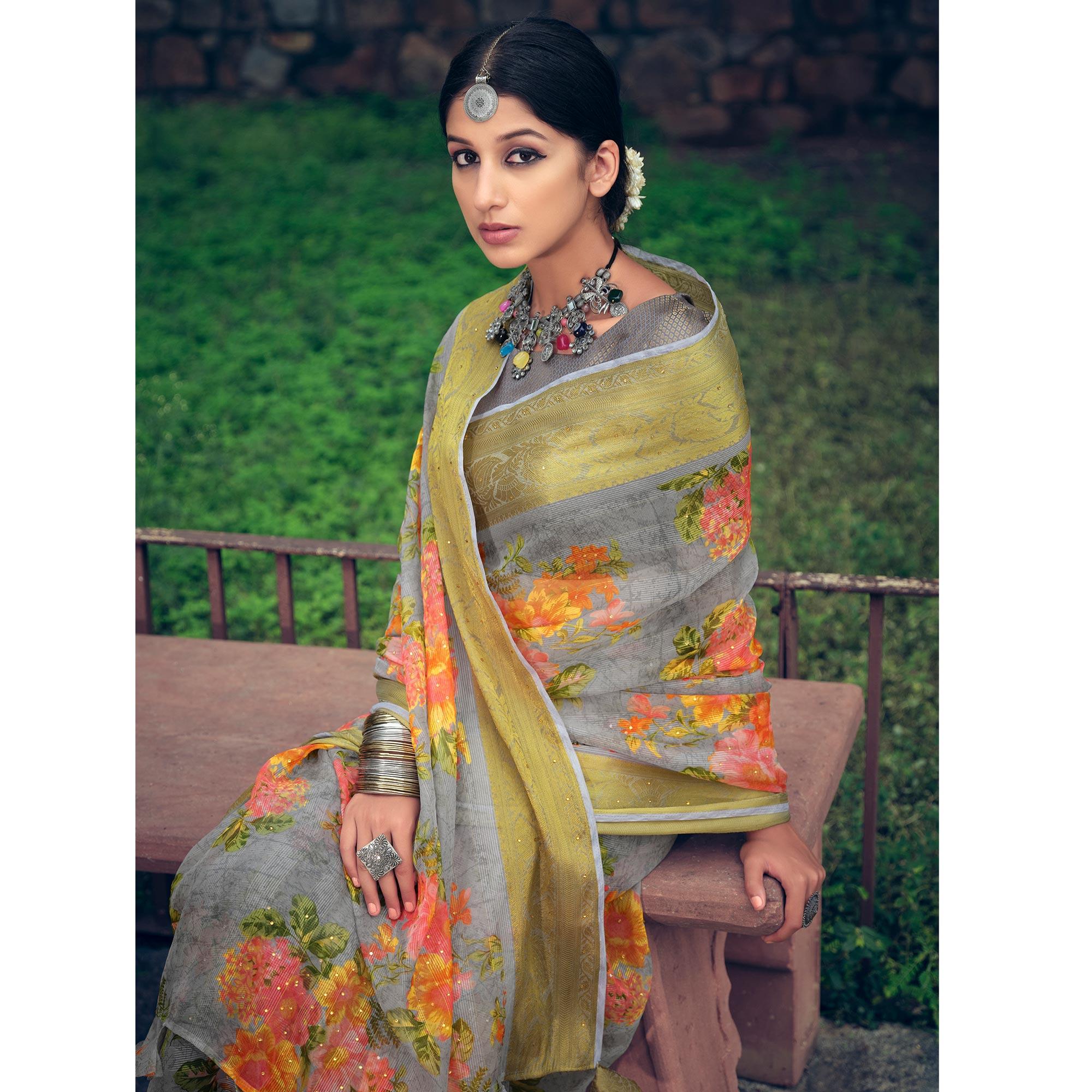 Grey Casual Wear Floral Printed Organza Saree With Jacquard Border - Peachmode