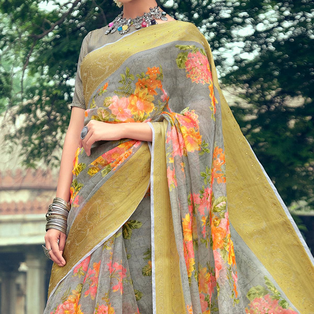 Grey Casual Wear Floral Printed Organza Saree With Jacquard Border - Peachmode