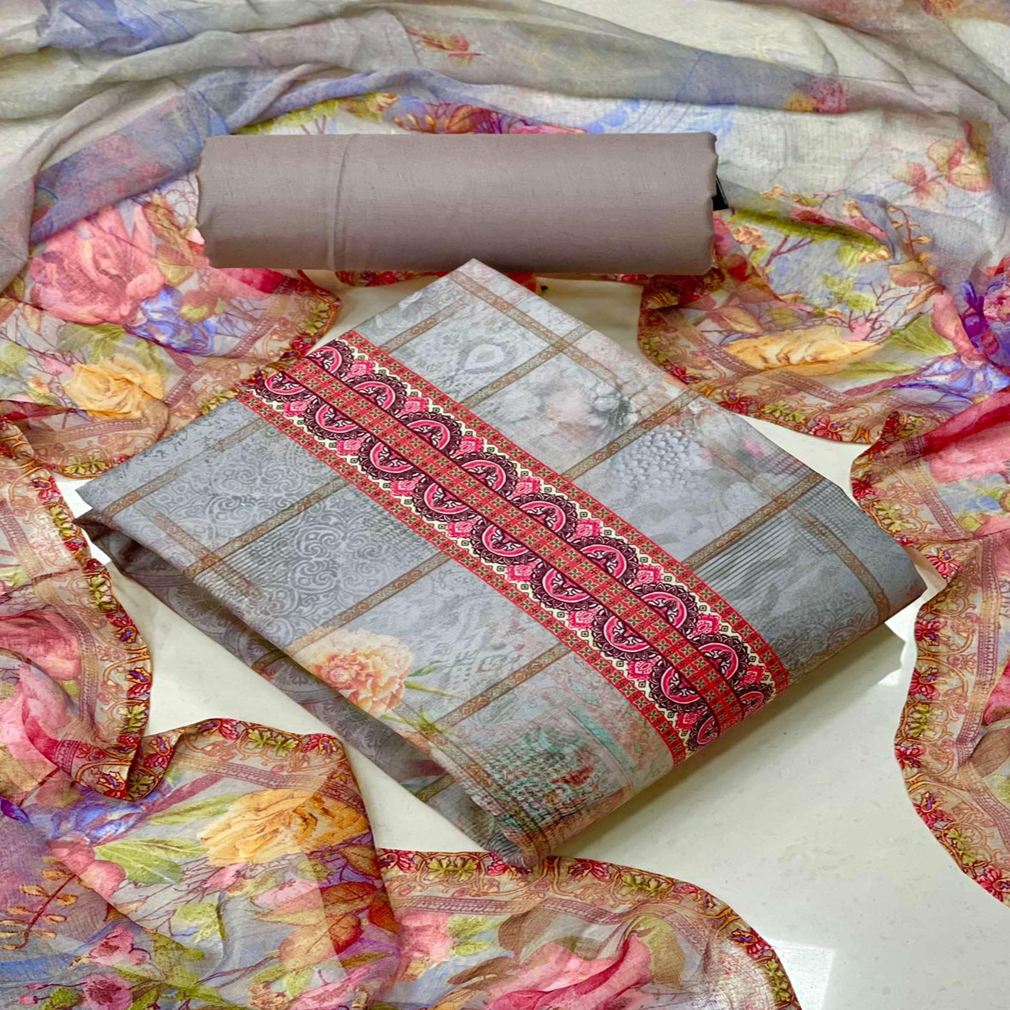 Grey Casual Wear Floral Printed Poly Cotton Dress Material - Peachmode