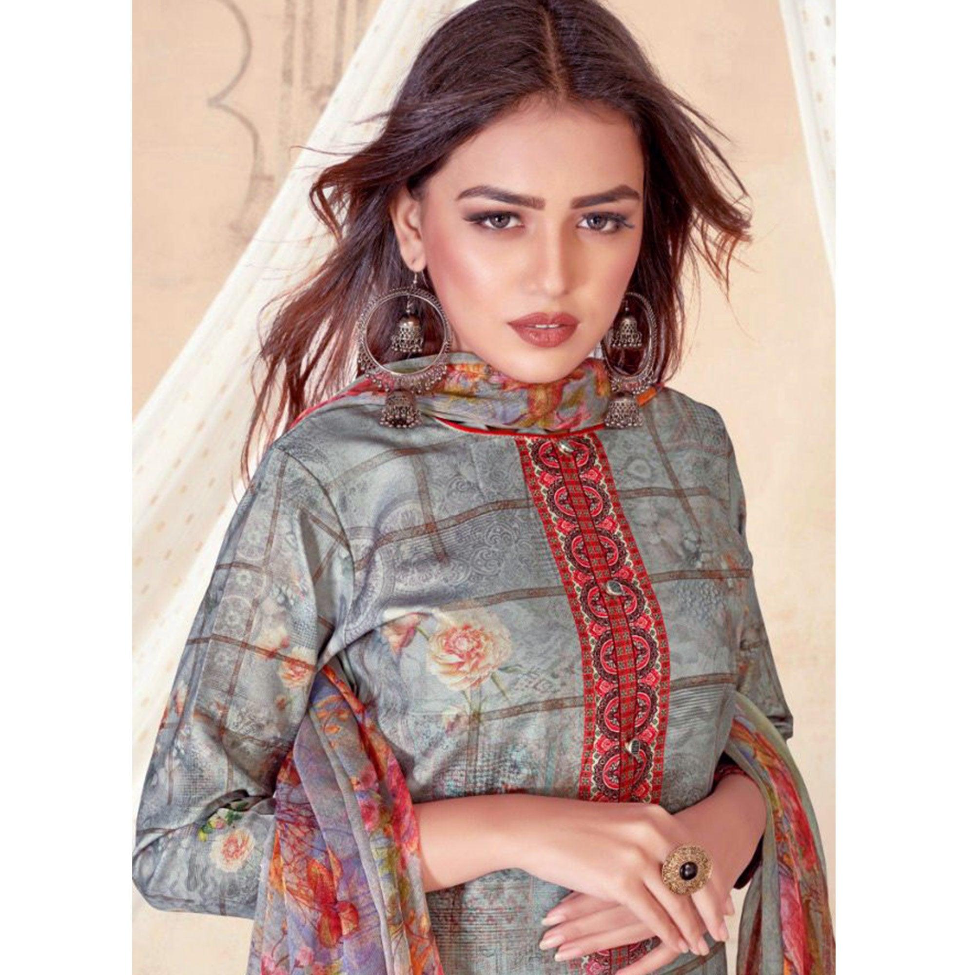 Grey Casual Wear Floral Printed Poly Cotton Dress Material - Peachmode