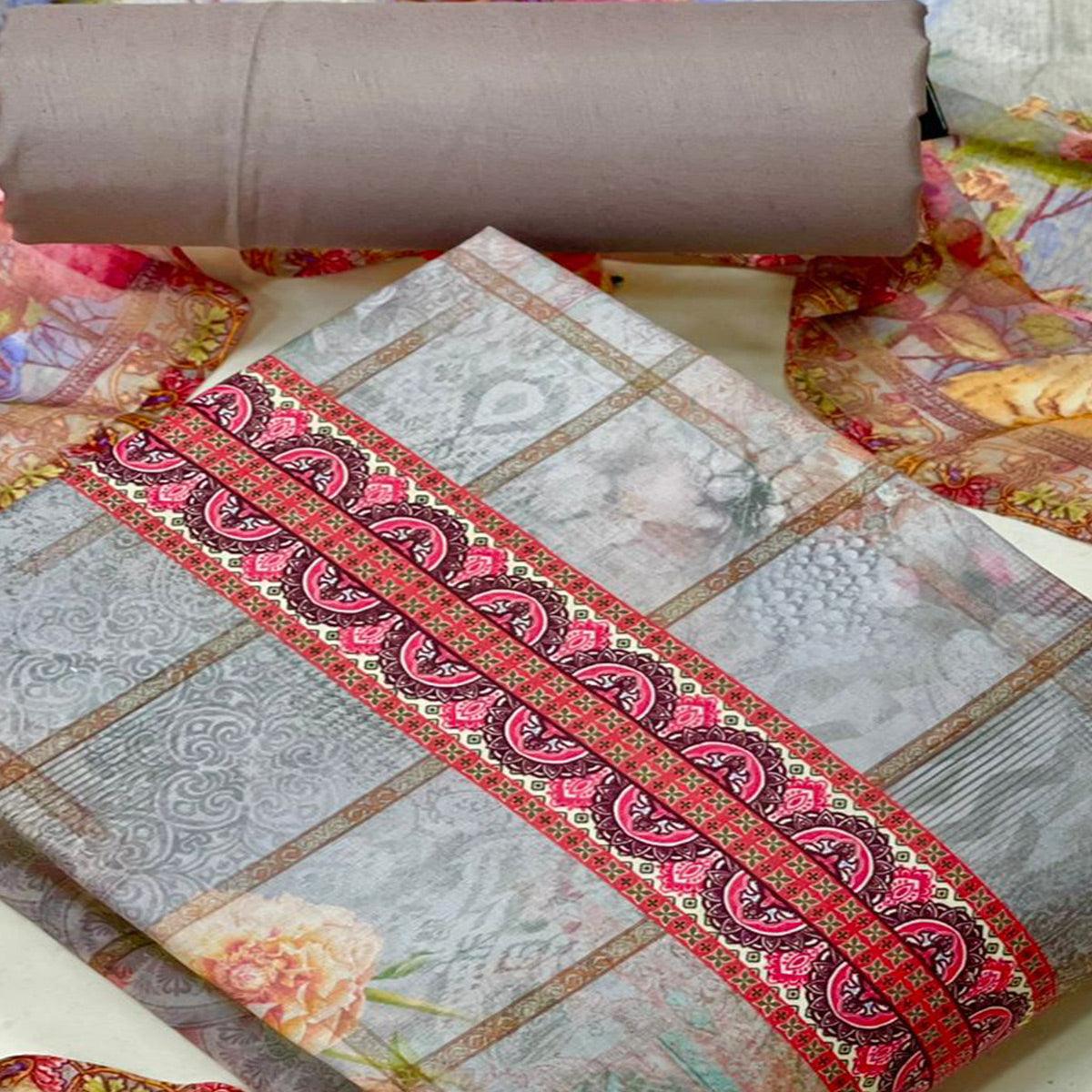 Grey Casual Wear Floral Printed Poly Cotton Dress Material - Peachmode