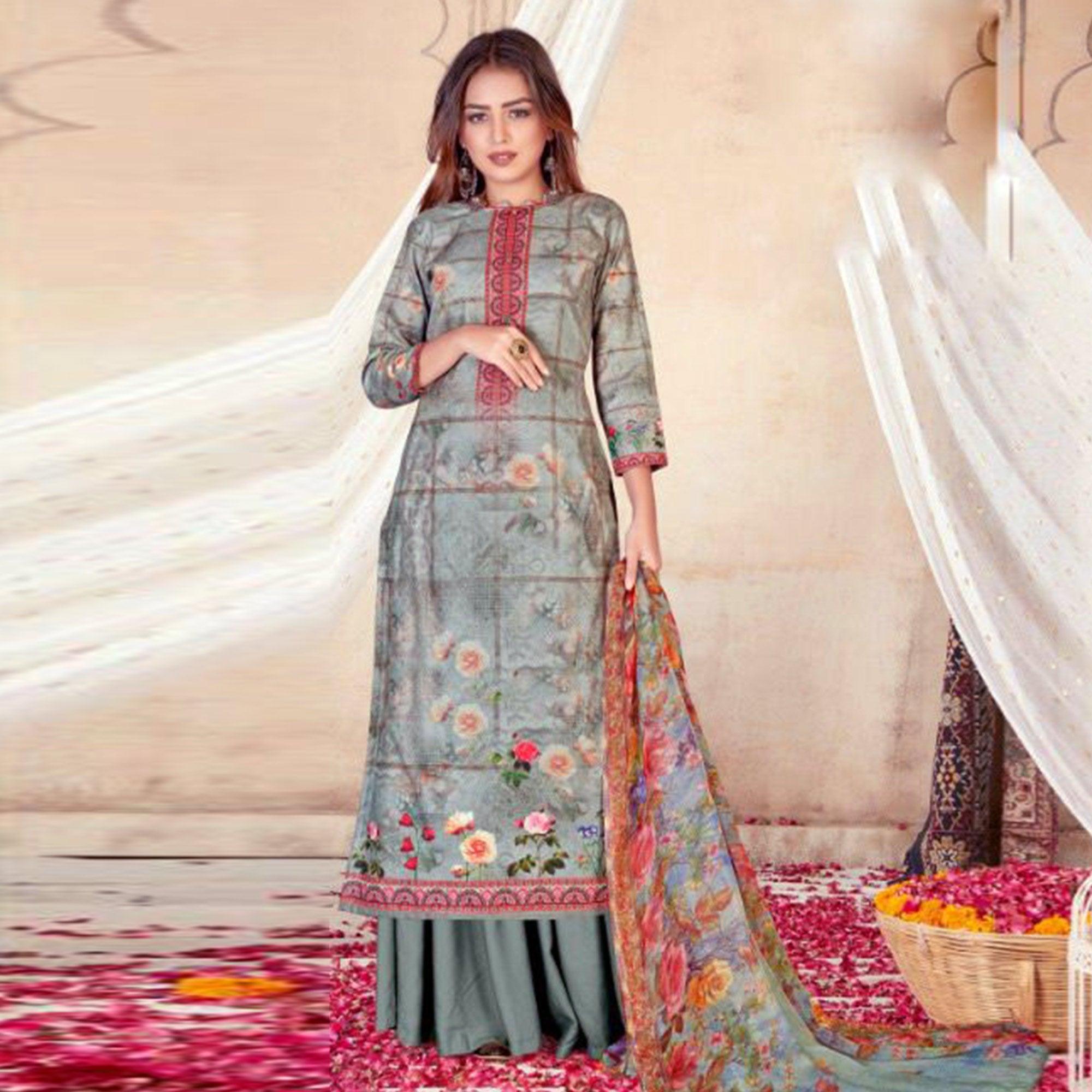Grey Casual Wear Floral Printed Poly Cotton Dress Material - Peachmode