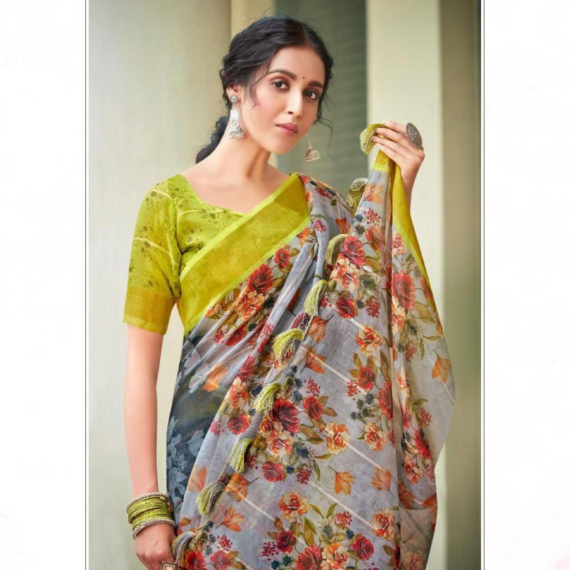Grey Casual Wear Floral Printed Pure Linen Saree - Peachmode