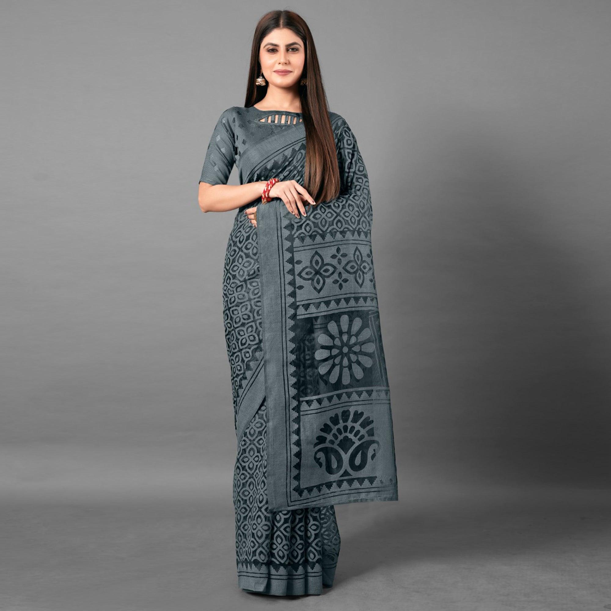 Grey Casual Wear Flower Brasso Saree - Peachmode