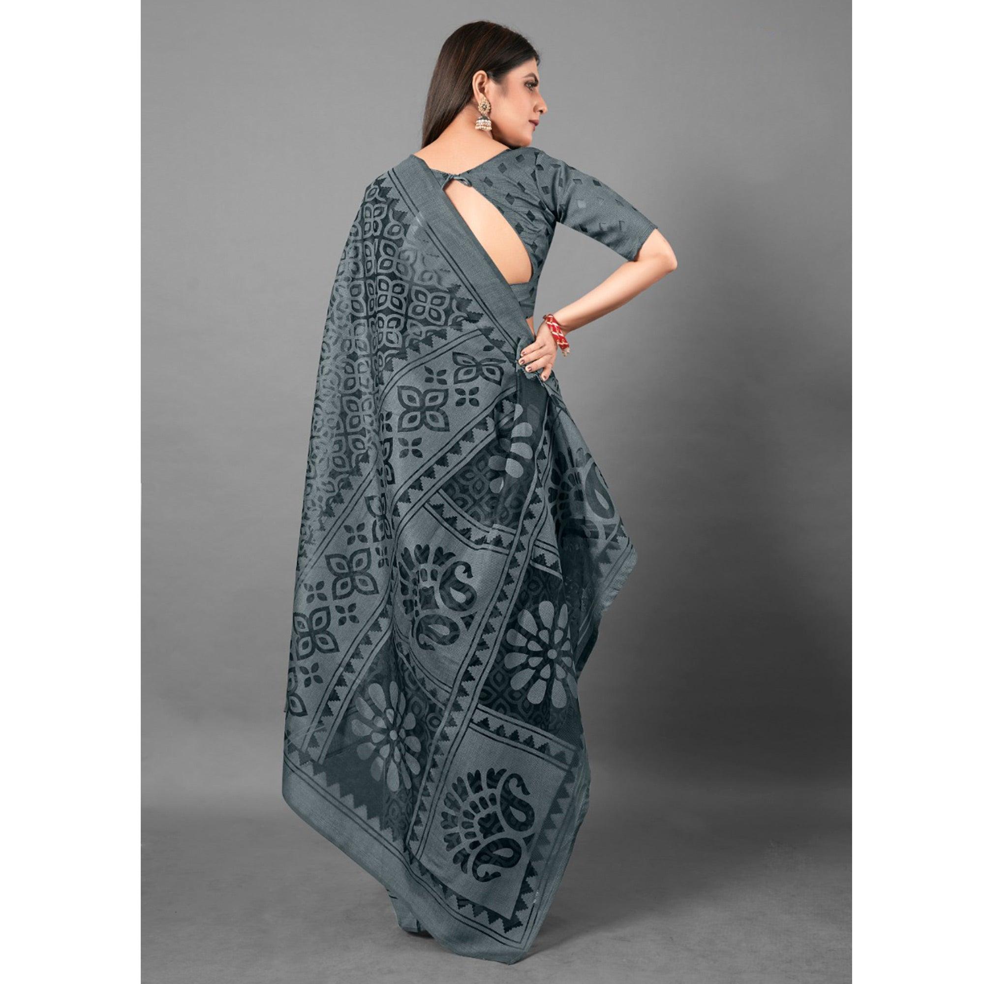 Grey Casual Wear Flower Brasso Saree - Peachmode
