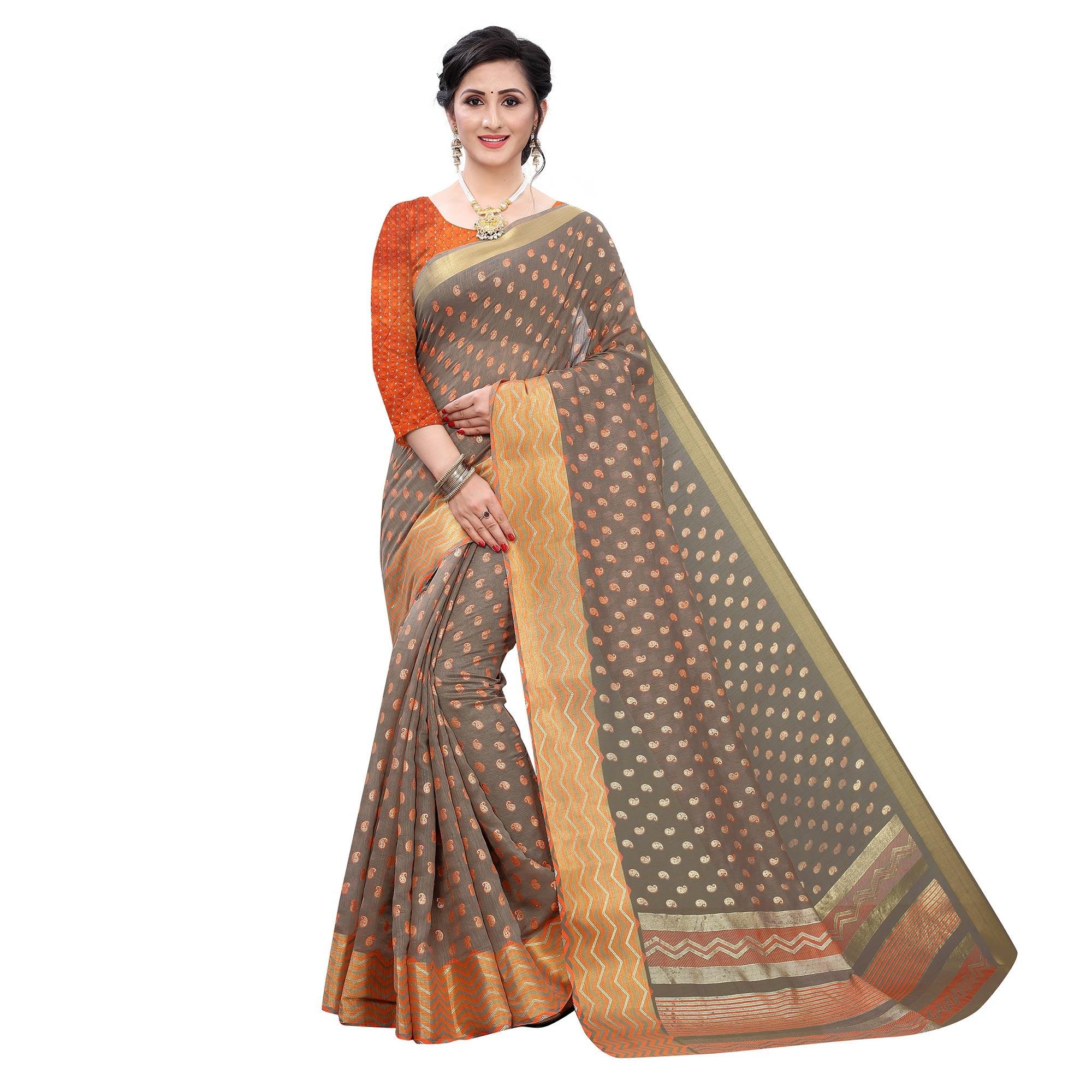 Grey Casual Wear Foil Printed Cotton Silk Saree - Peachmode