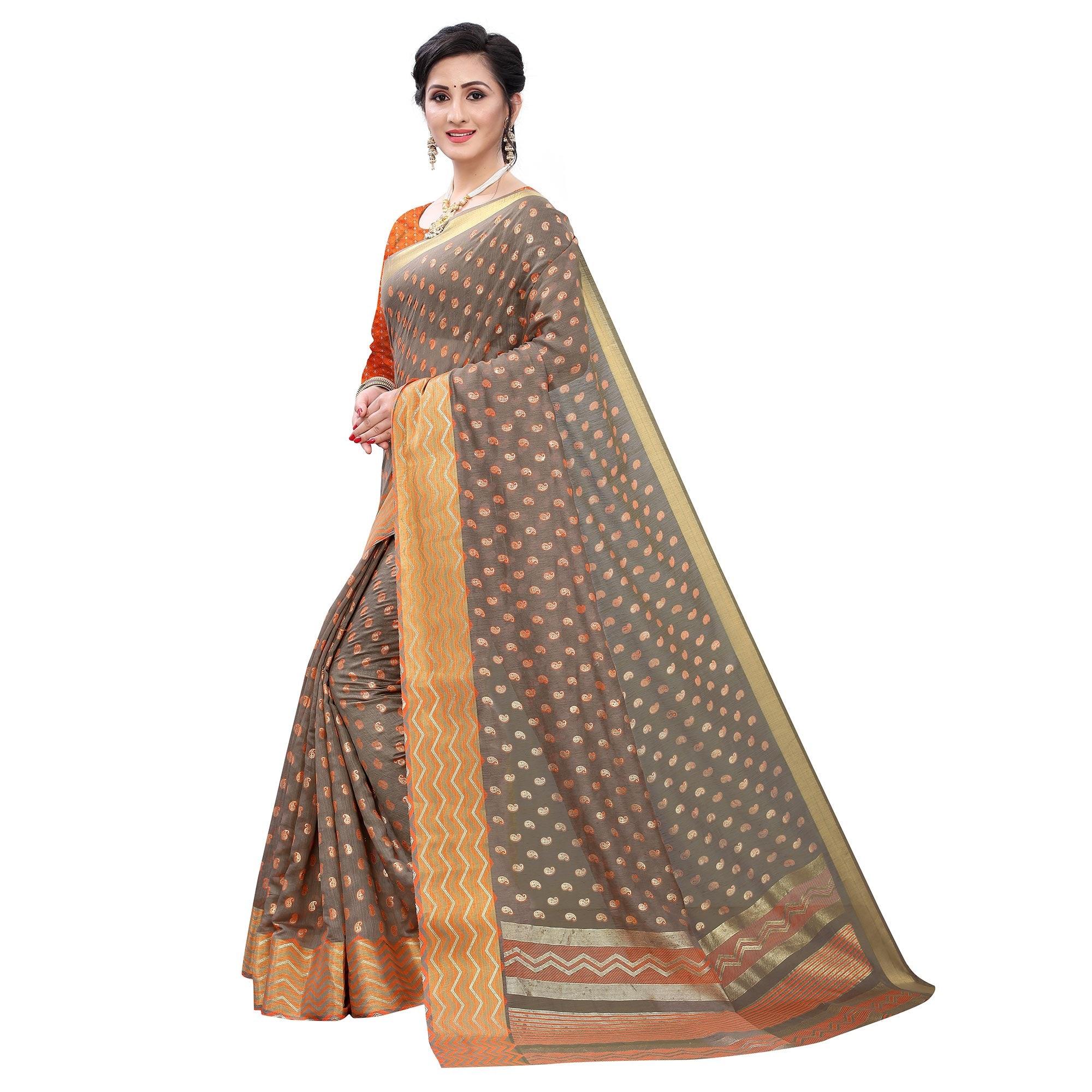 Grey Casual Wear Foil Printed Cotton Silk Saree - Peachmode
