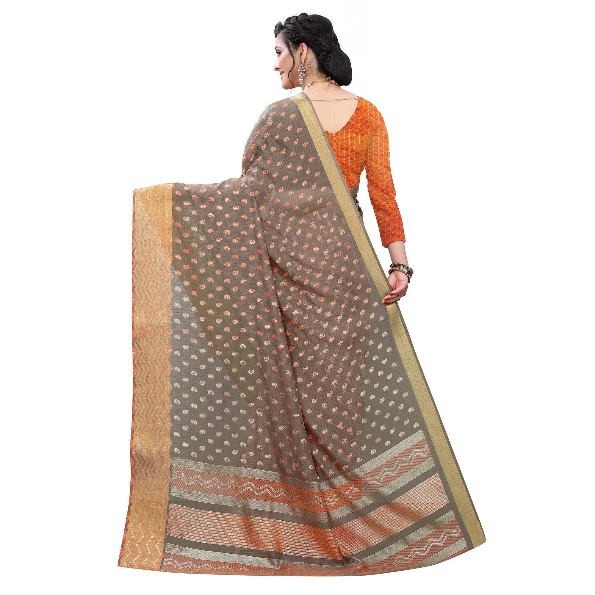 Grey Casual Wear Foil Printed Cotton Silk Saree - Peachmode