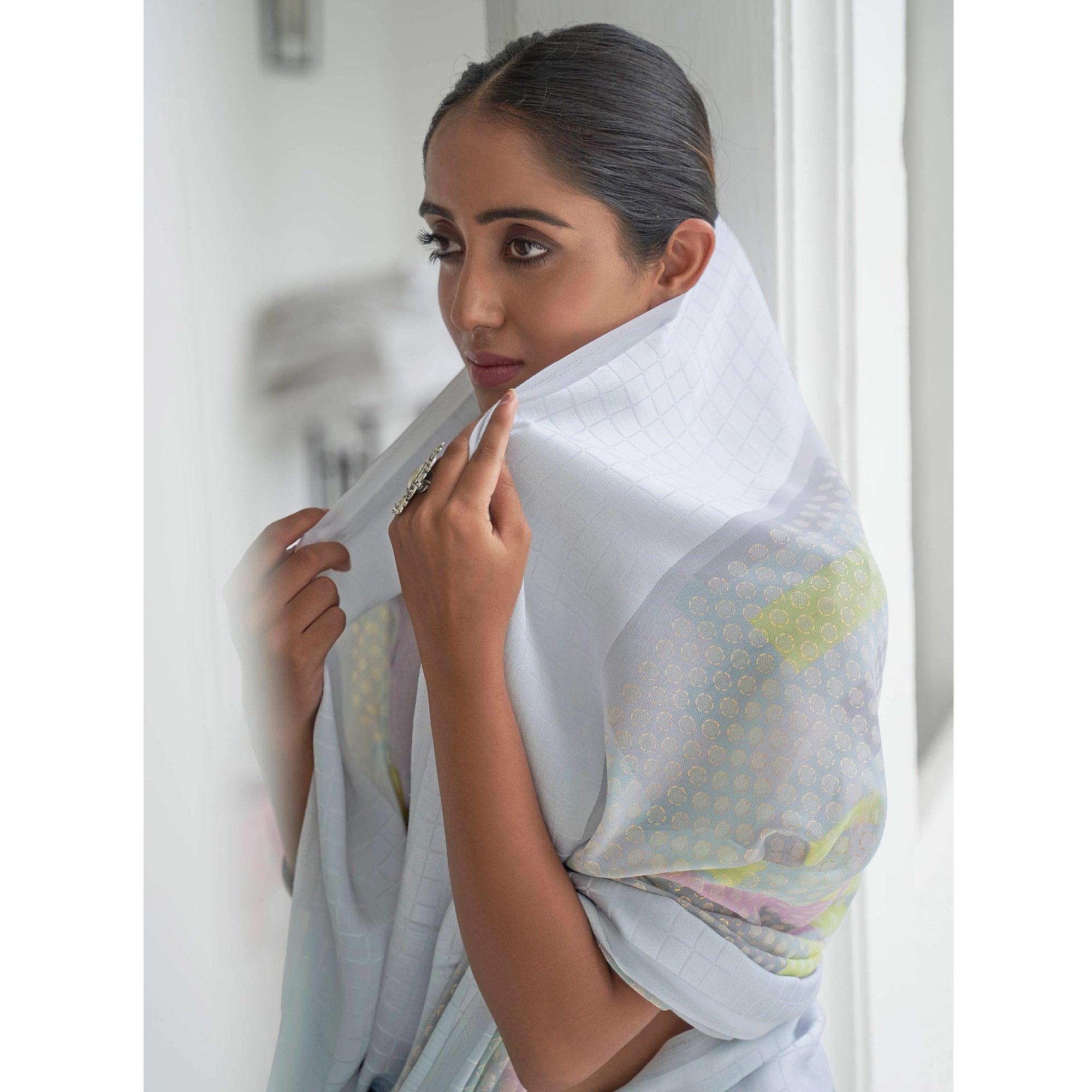 Grey Casual Wear Foil Printed Georgette Saree With Jacquard Border - Peachmode