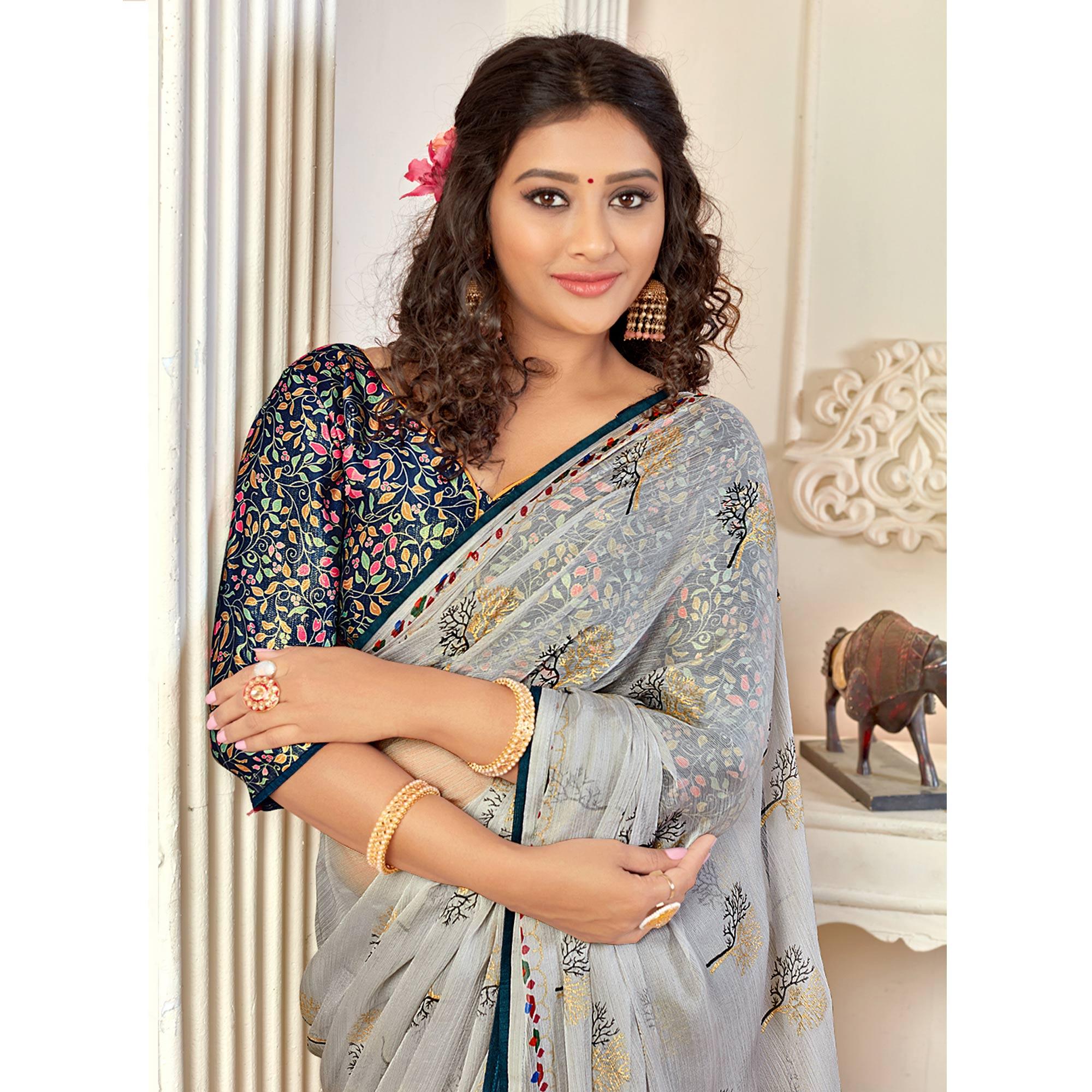 Grey Casual Wear Foil Printed Pure Chiffon Saree - Peachmode