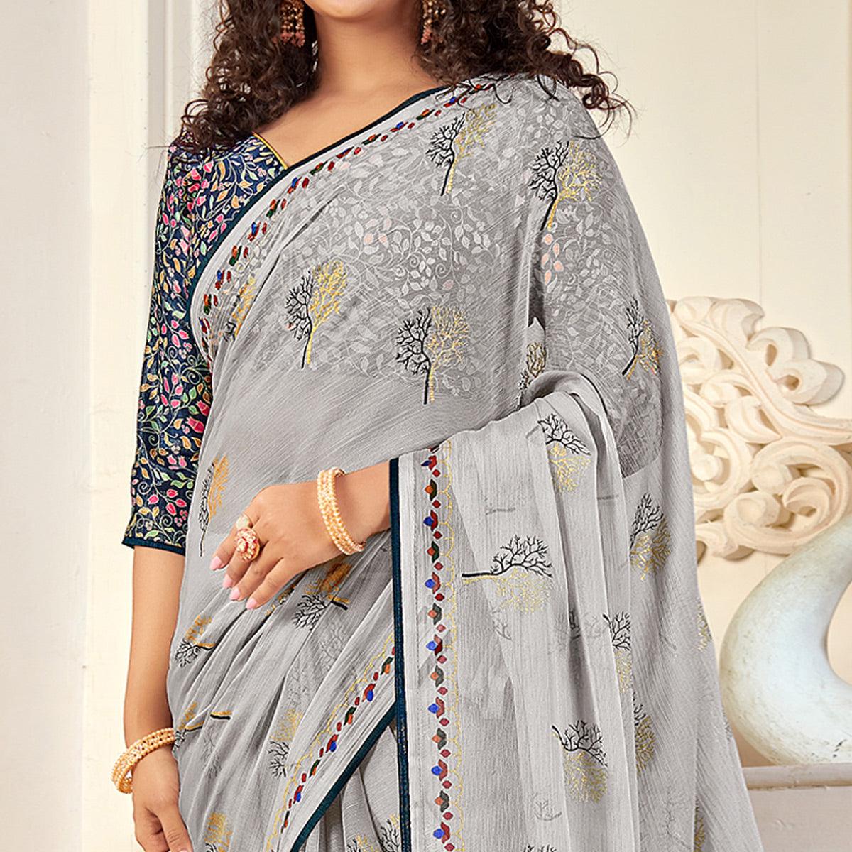 Grey Casual Wear Foil Printed Pure Chiffon Saree - Peachmode