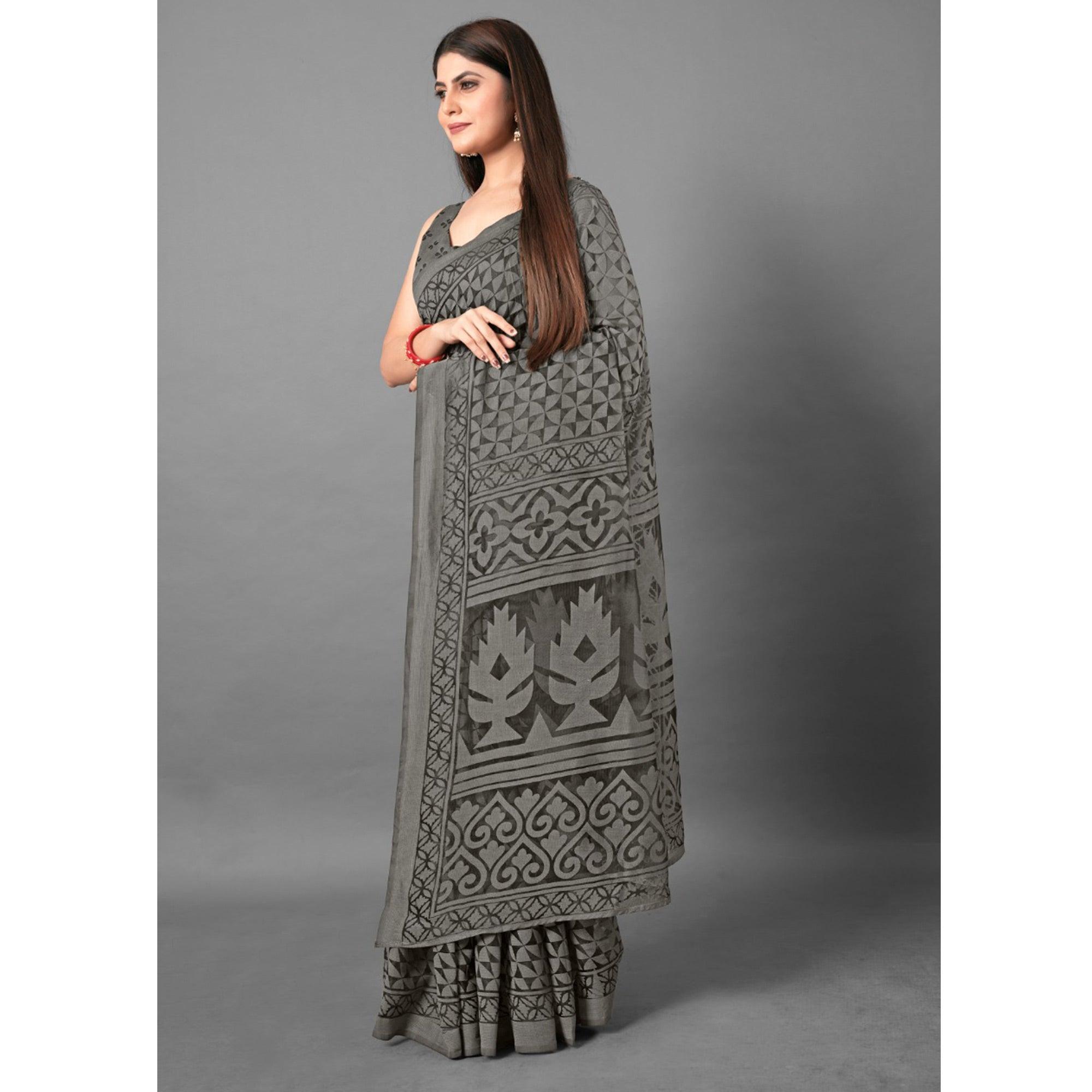Grey Casual Wear Geometric Brasso Saree - Peachmode