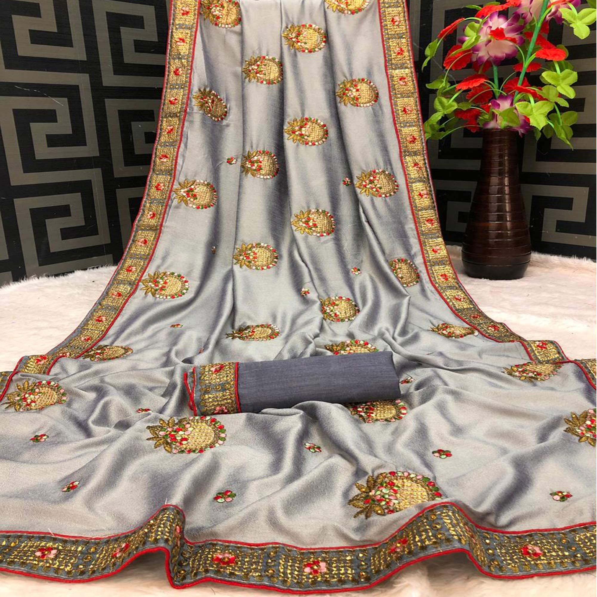 Grey Casual Wear Heavy Embroidered & Stone Work Silk Saree - Peachmode