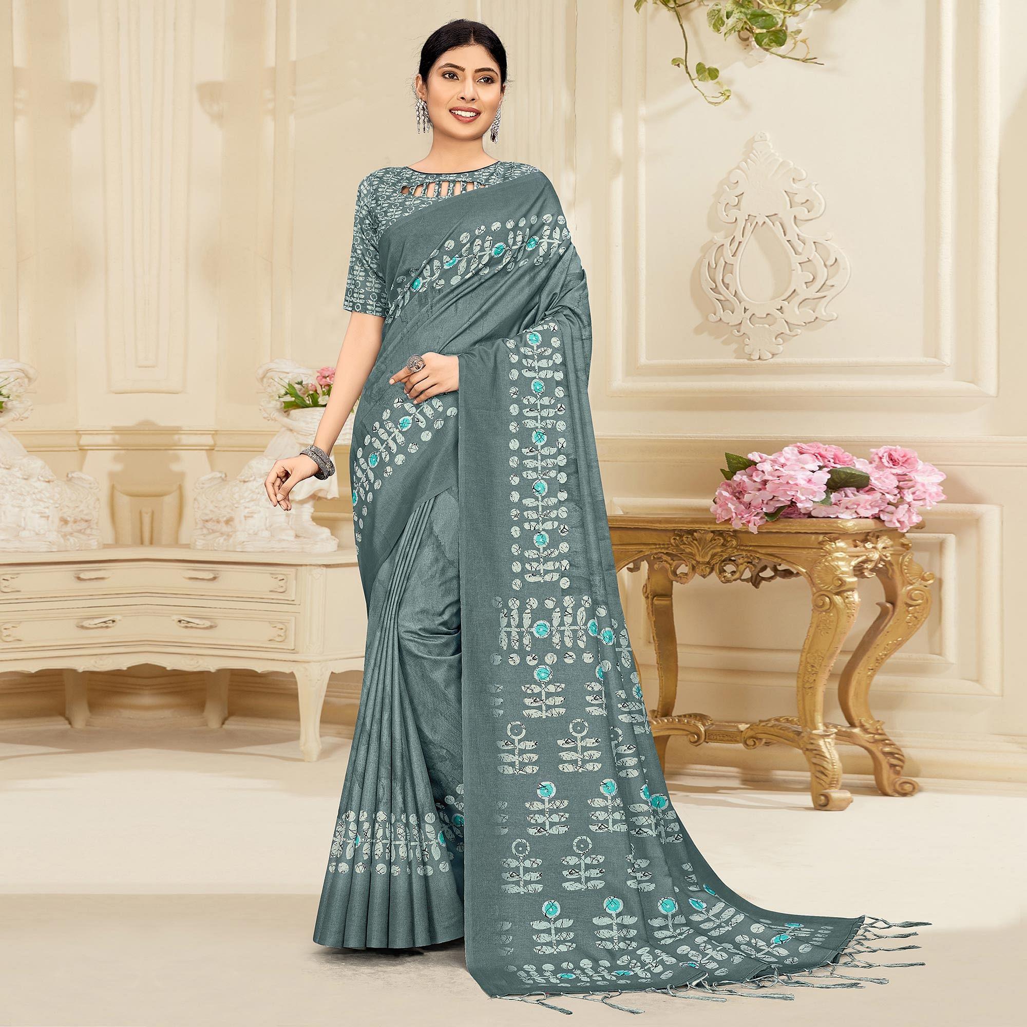 Grey Casual Wear Printed Art Silk Saree - Peachmode