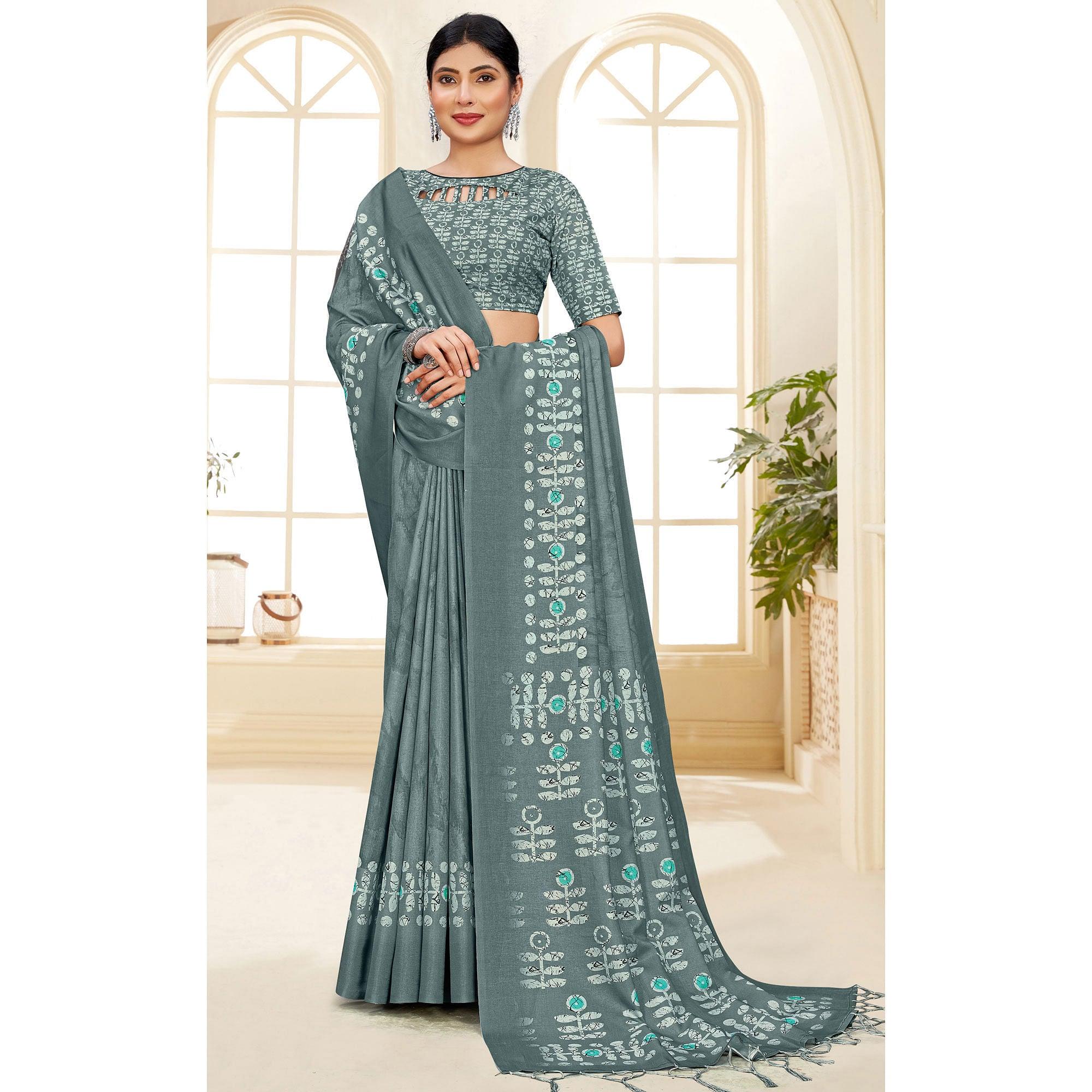 Grey Casual Wear Printed Art Silk Saree - Peachmode