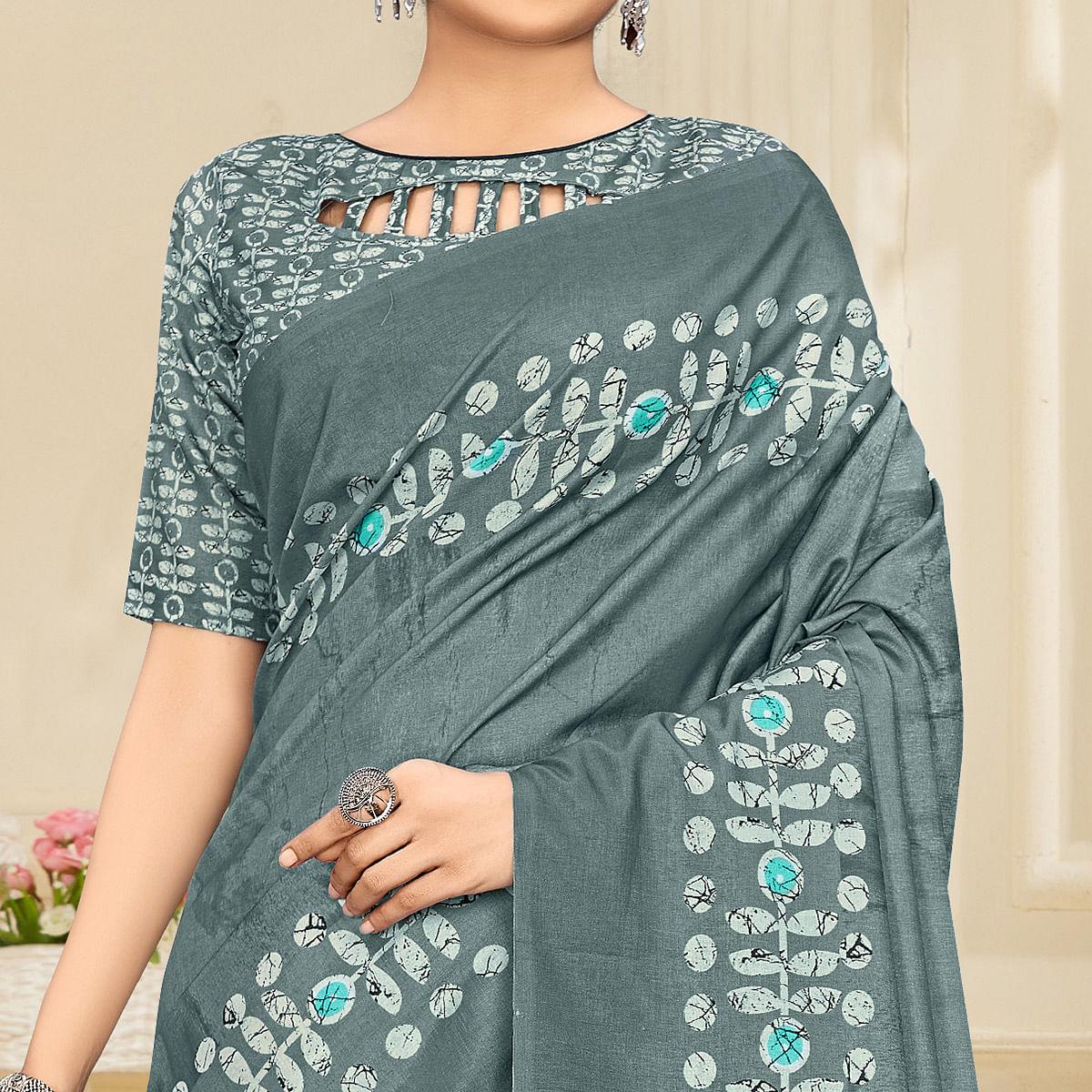 Grey Casual Wear Printed Art Silk Saree - Peachmode