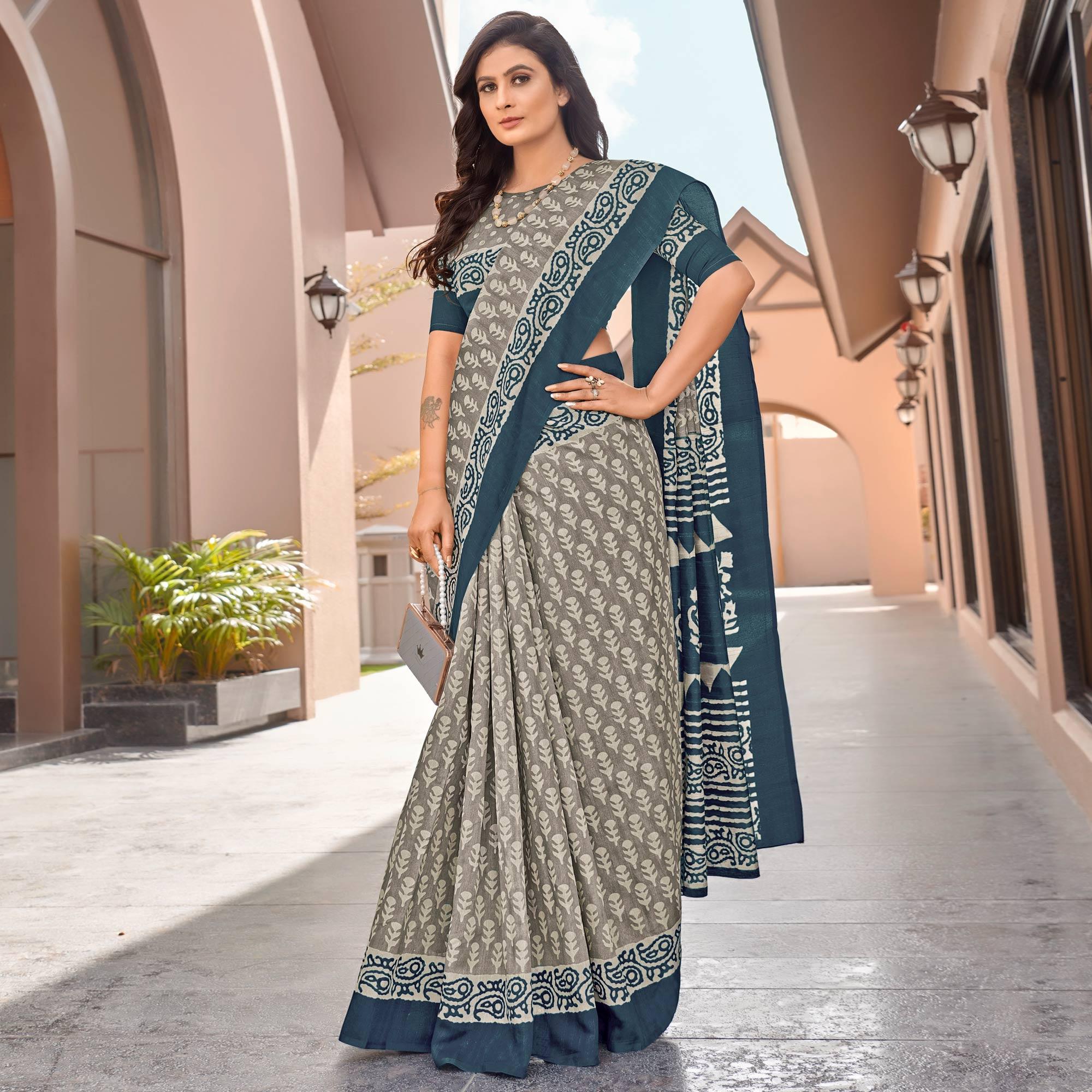 Grey Casual Wear Printed Bhagalpuri Sarees - Peachmode